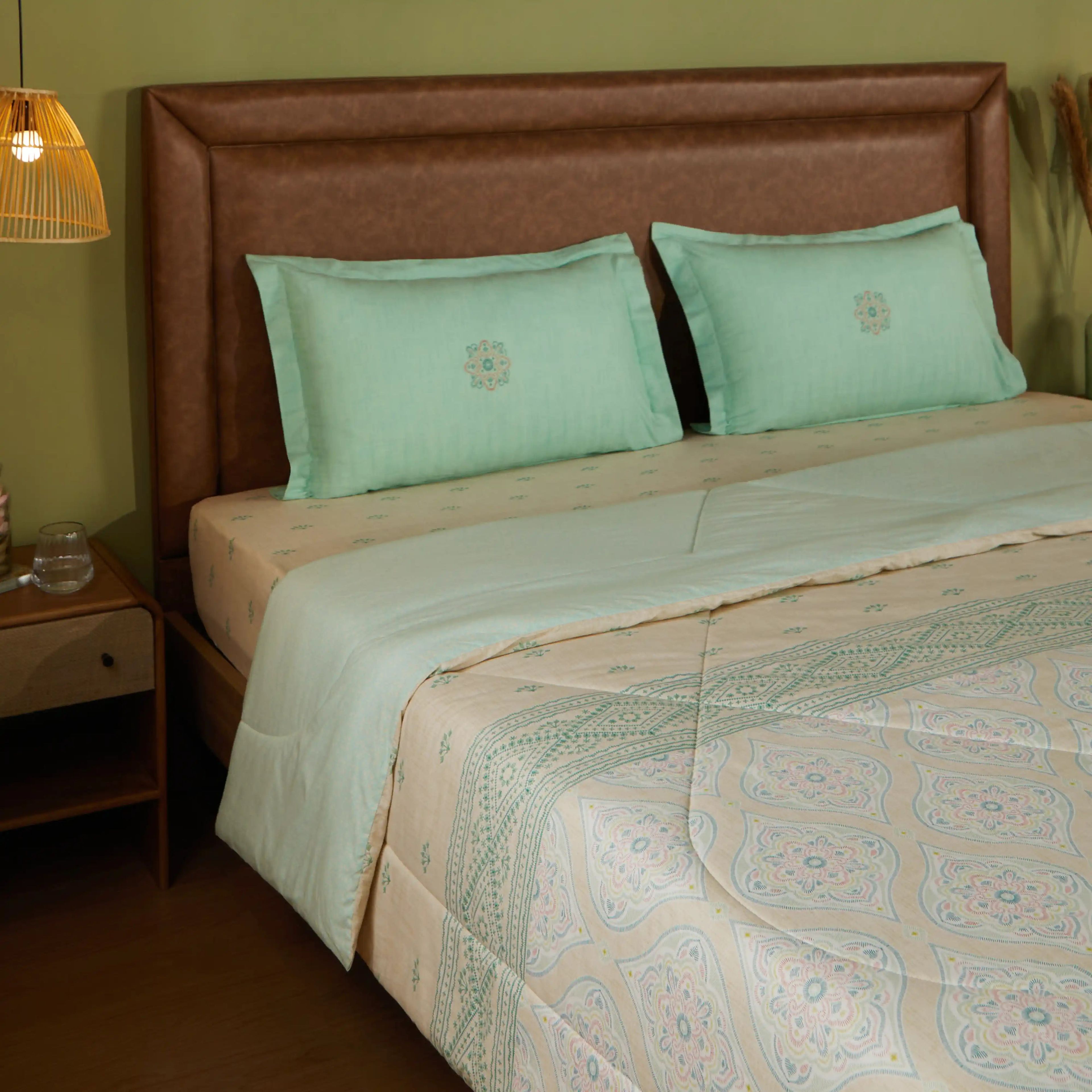 Chippa Lane | Contemporary Indian Print Design Coordinated Bedding Set | Set of Bedsheet & Comforter-Sage
