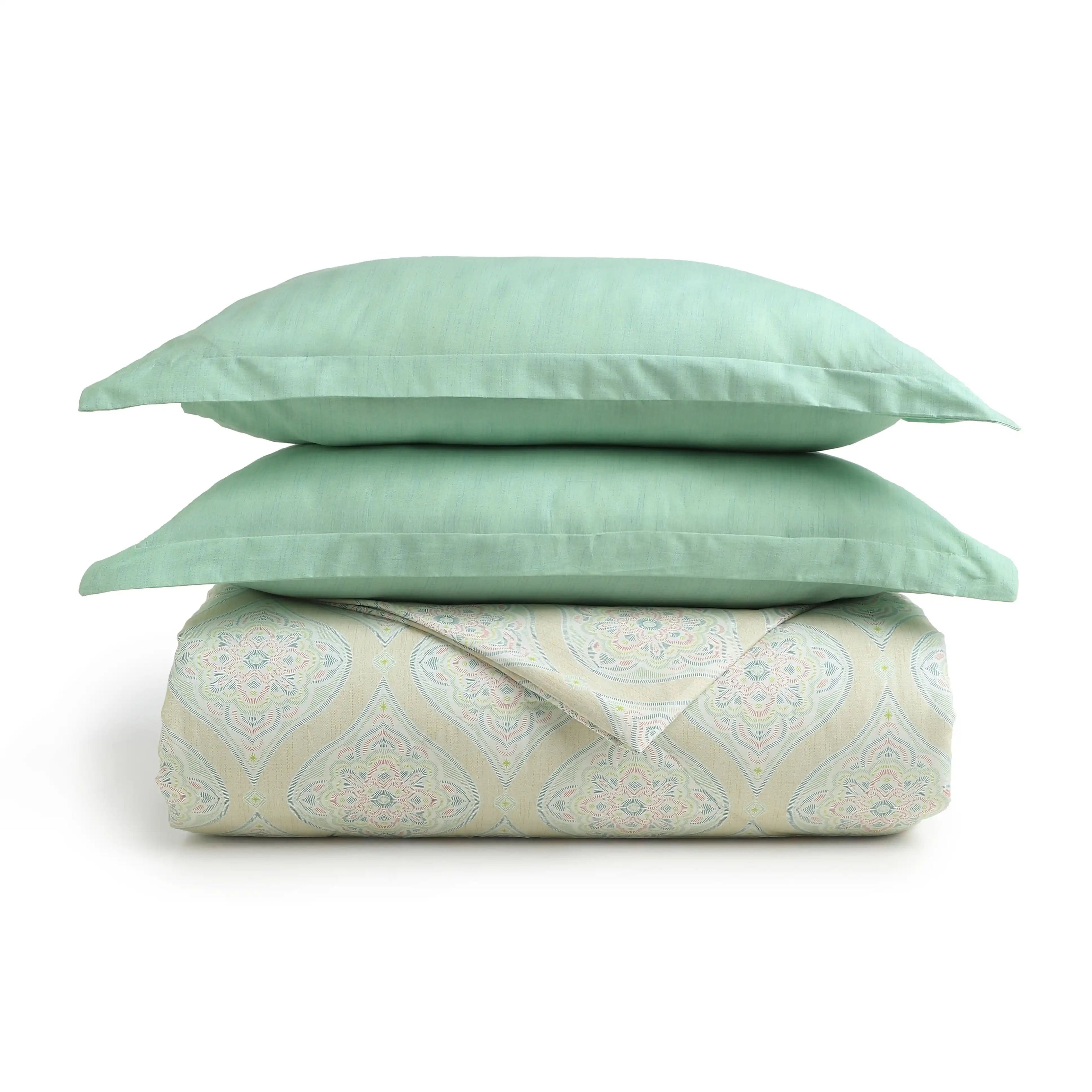 Chippa Lane | Contemporary Indian Print Design Coordinated Bedding Set | Set of Bedsheet & Comforter-Sage