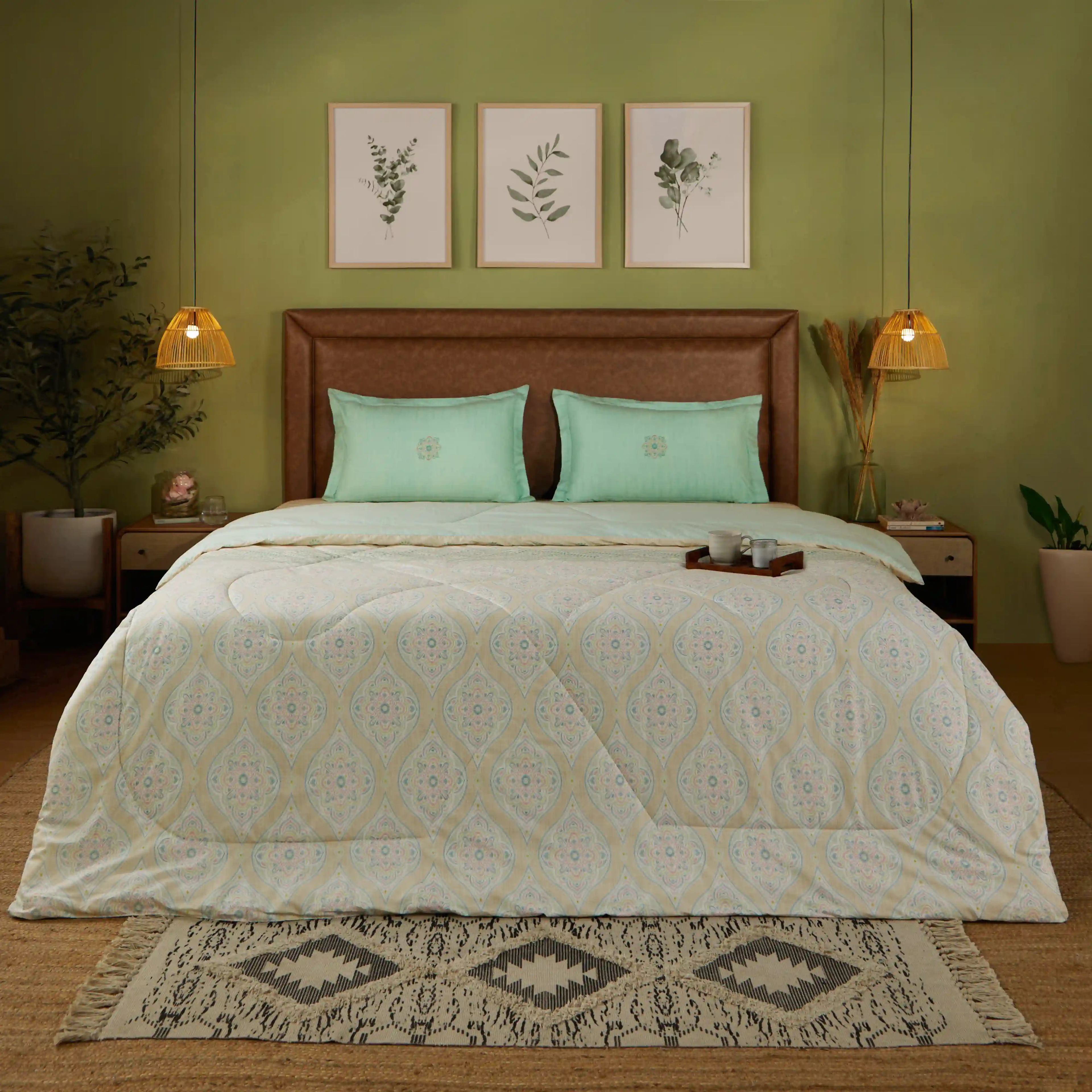 Chippa Lane | Contemporary Indian Print Design Coordinated Bedding Set | Set of Bedsheet & Comforter-Sage