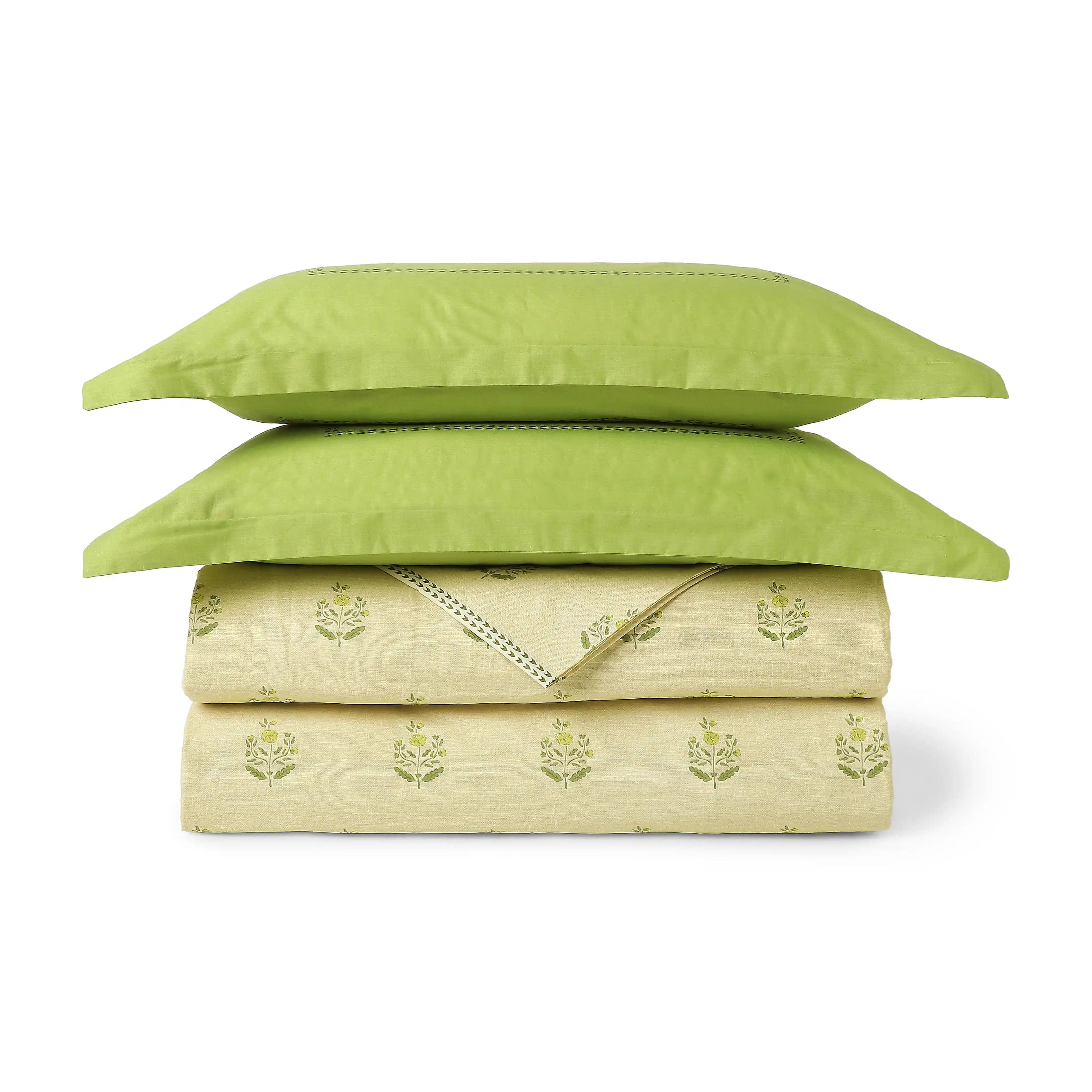 Chippa Lane | Contemporary Indian Print Design Coordinated Bedding Set | Set of Bedsheet & Dohars-Indian Moss