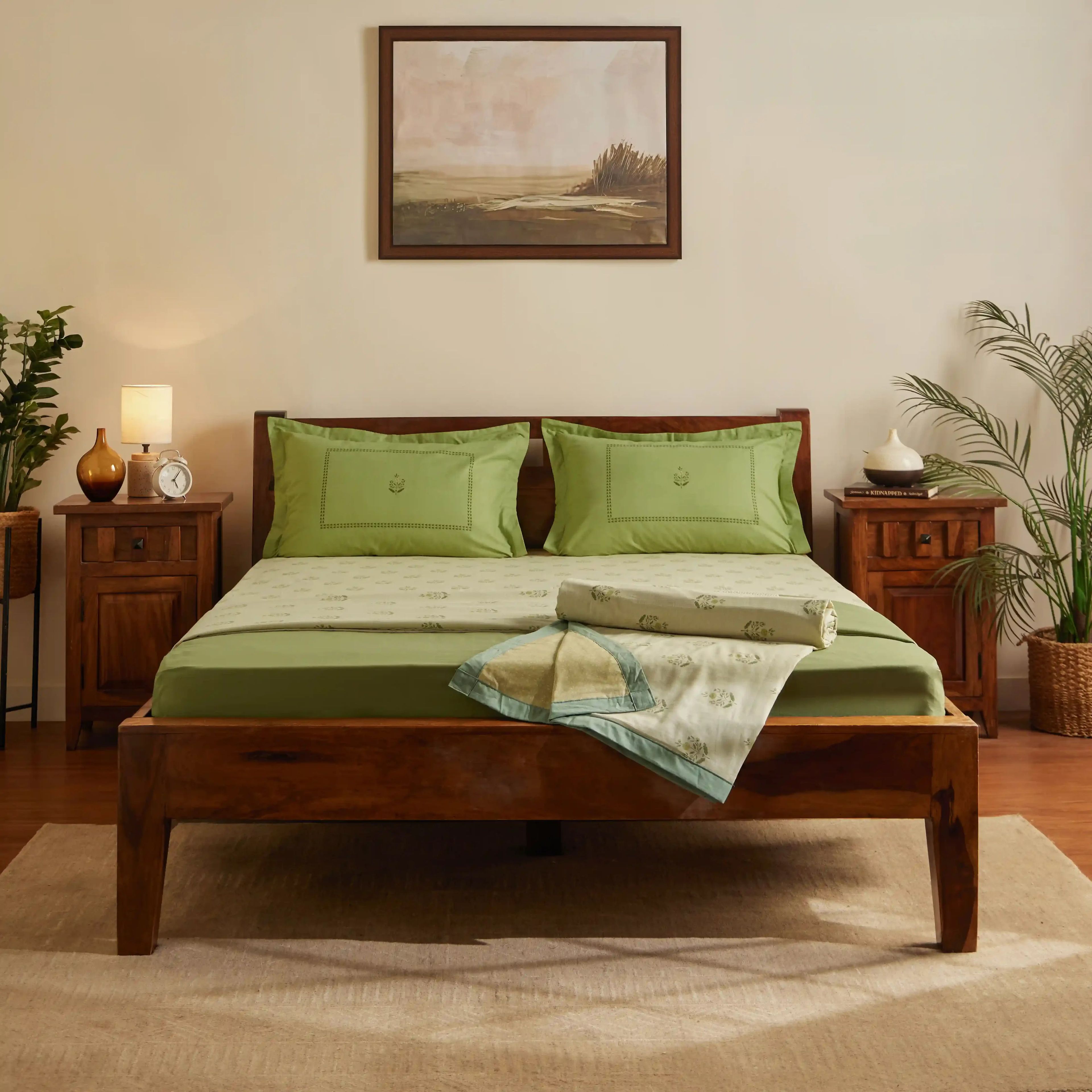 Chippa Lane | Contemporary Indian Print Design Coordinated Bedding Set | Set of Bedsheet & Dohars-Indian Moss