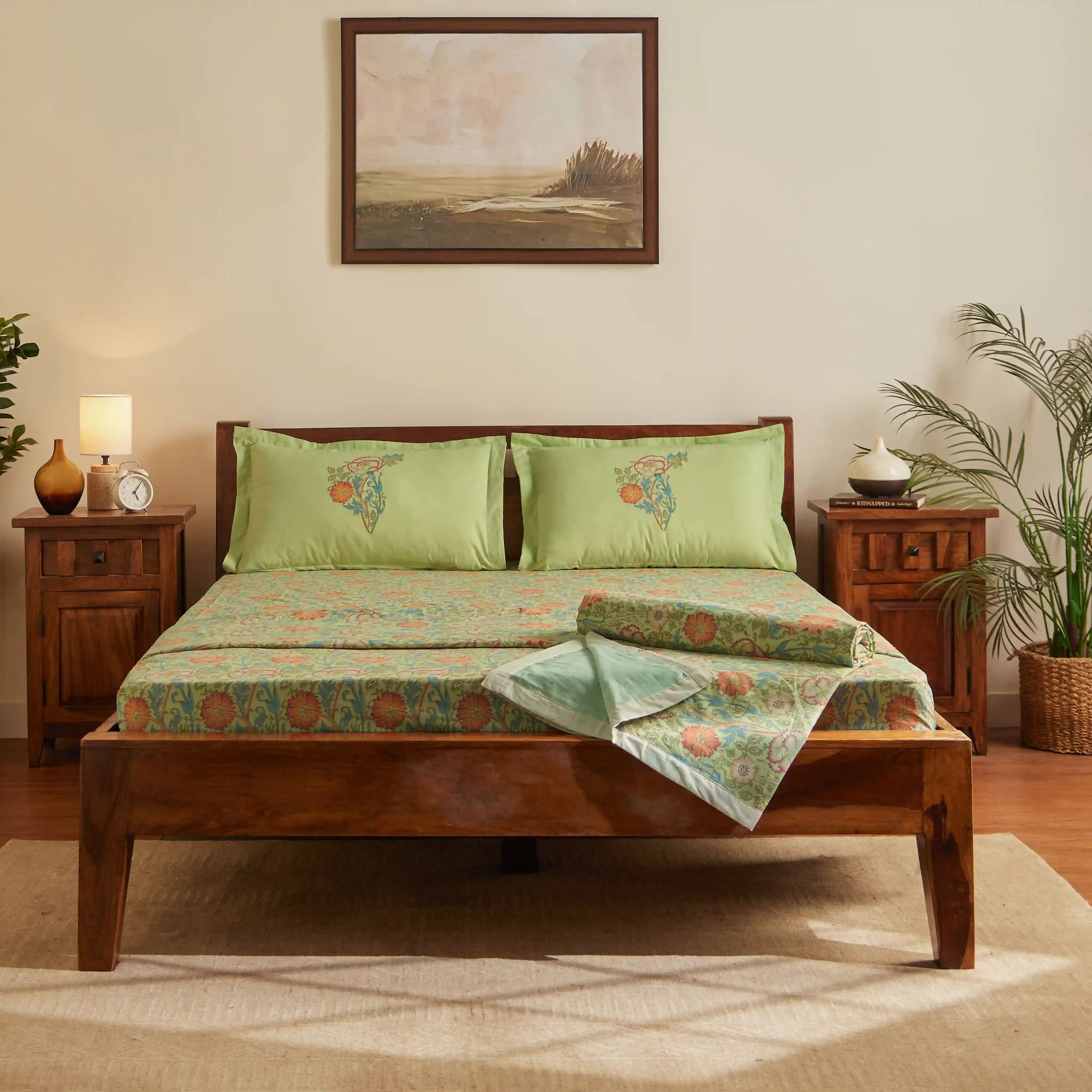 Chippa Lane | Contemporary Indian Print Design Coordinated Bedding Set | Set of Bedsheet & Dohars-Green