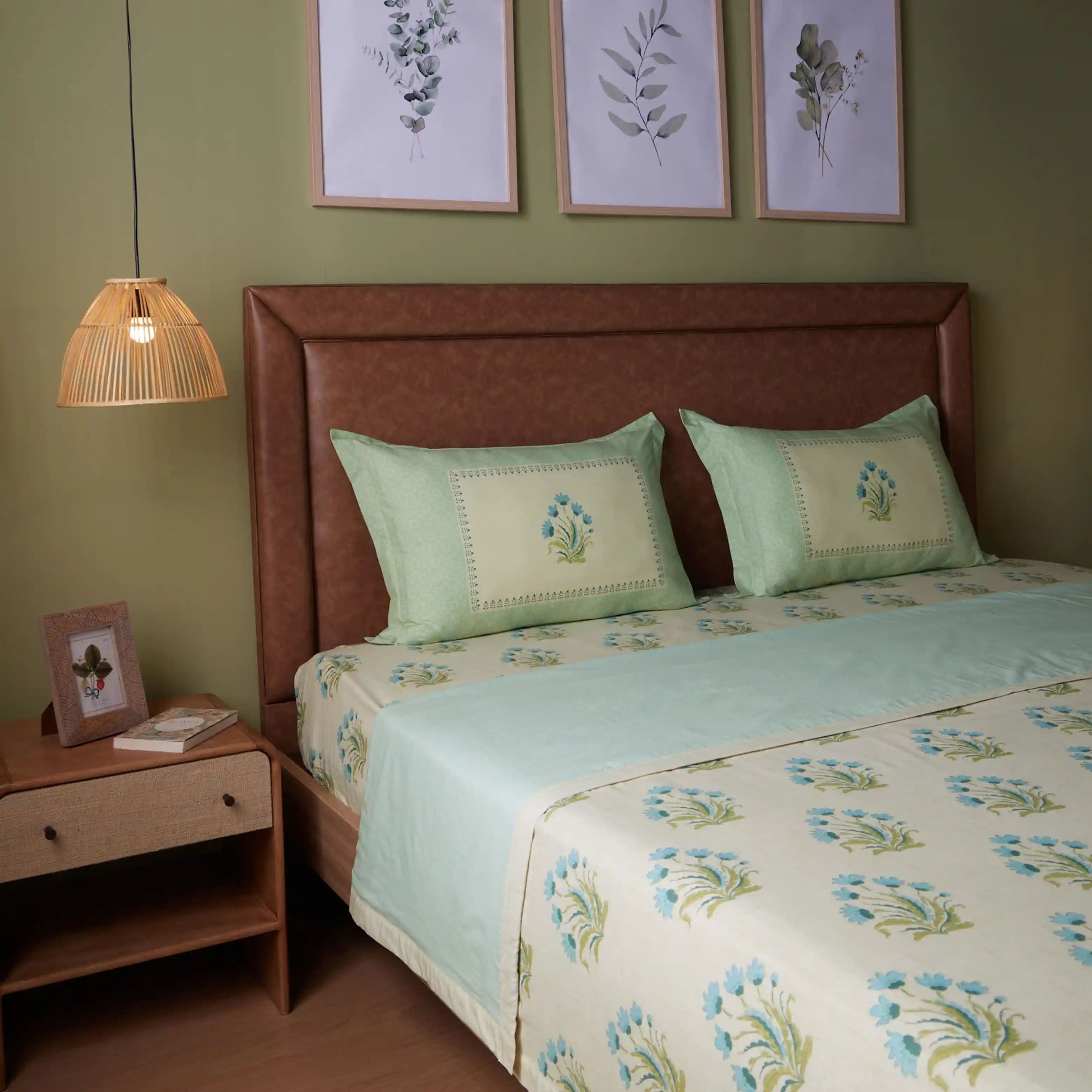 Chippa Lane | Contemporary Indian Print Design Coordinated Bedding Set | Set of Bedsheet & Dohars-Indian Sage