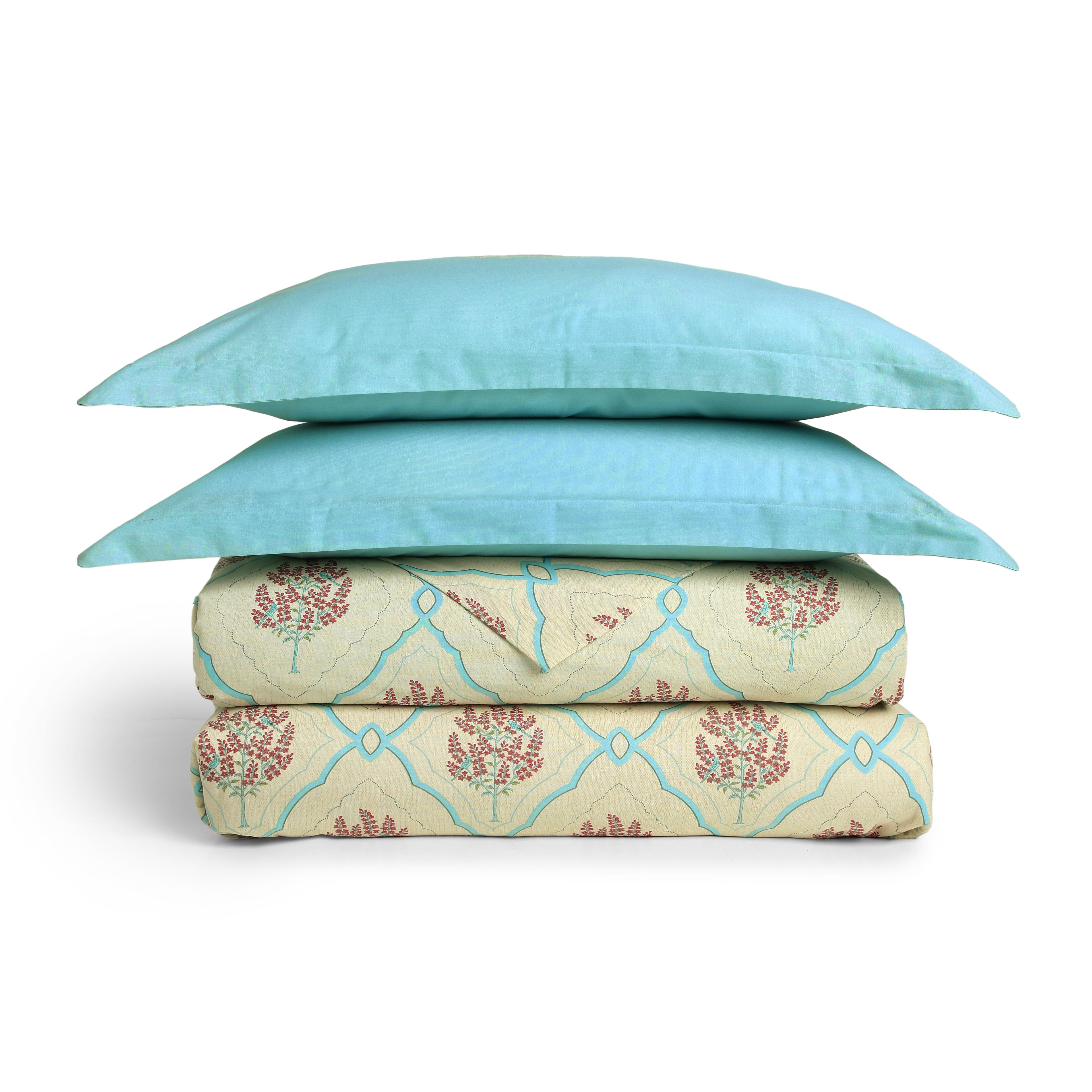 Chippa Lane | Contemporary Indian Print Design Coordinated Bedding Set | Set of Bedsheet & Dohars-Sage Bloom