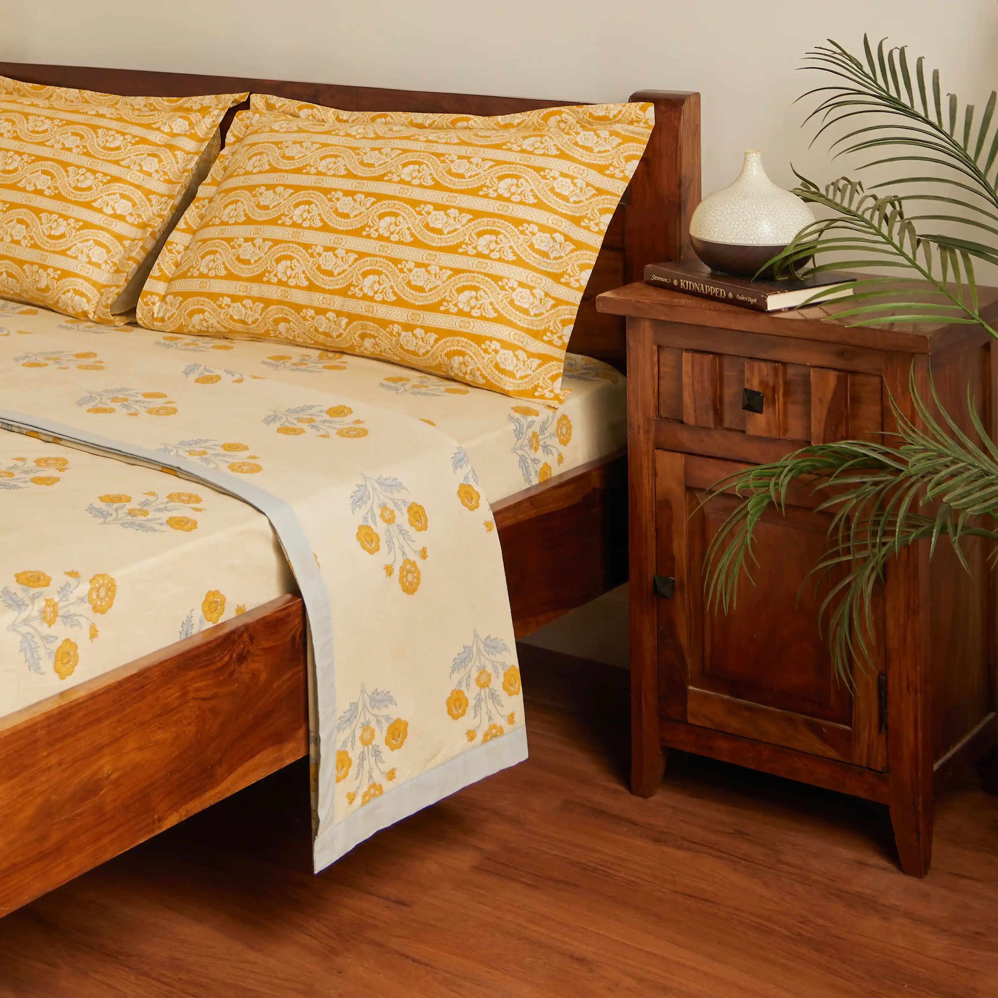 Chippa Lane | Contemporary Indian Print Design Coordinated Bedding Set | Set of Bedsheet & Dohars-Ochre