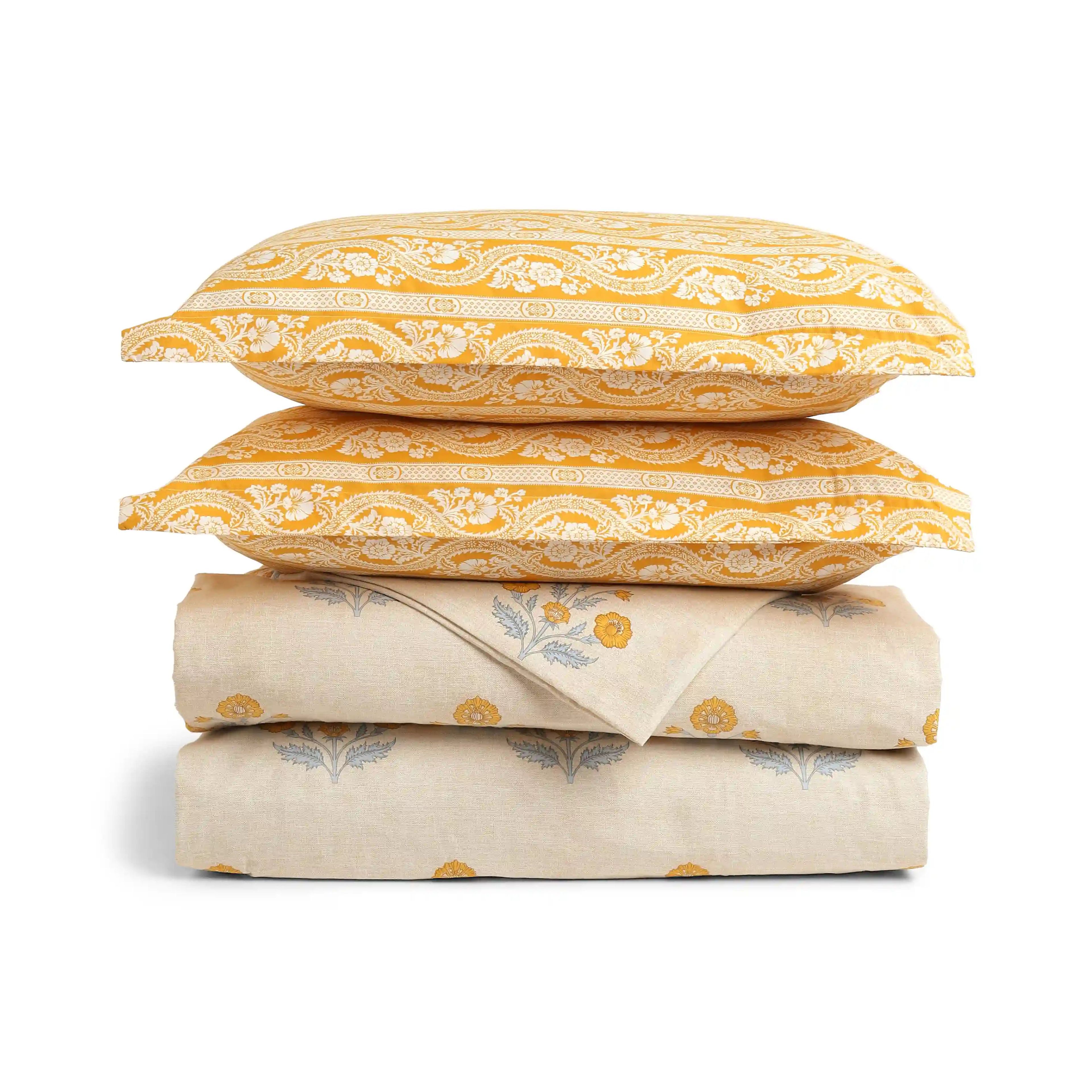 Chippa Lane | Contemporary Indian Print Design Coordinated Bedding Set | Set of Bedsheet & Dohars-Ochre