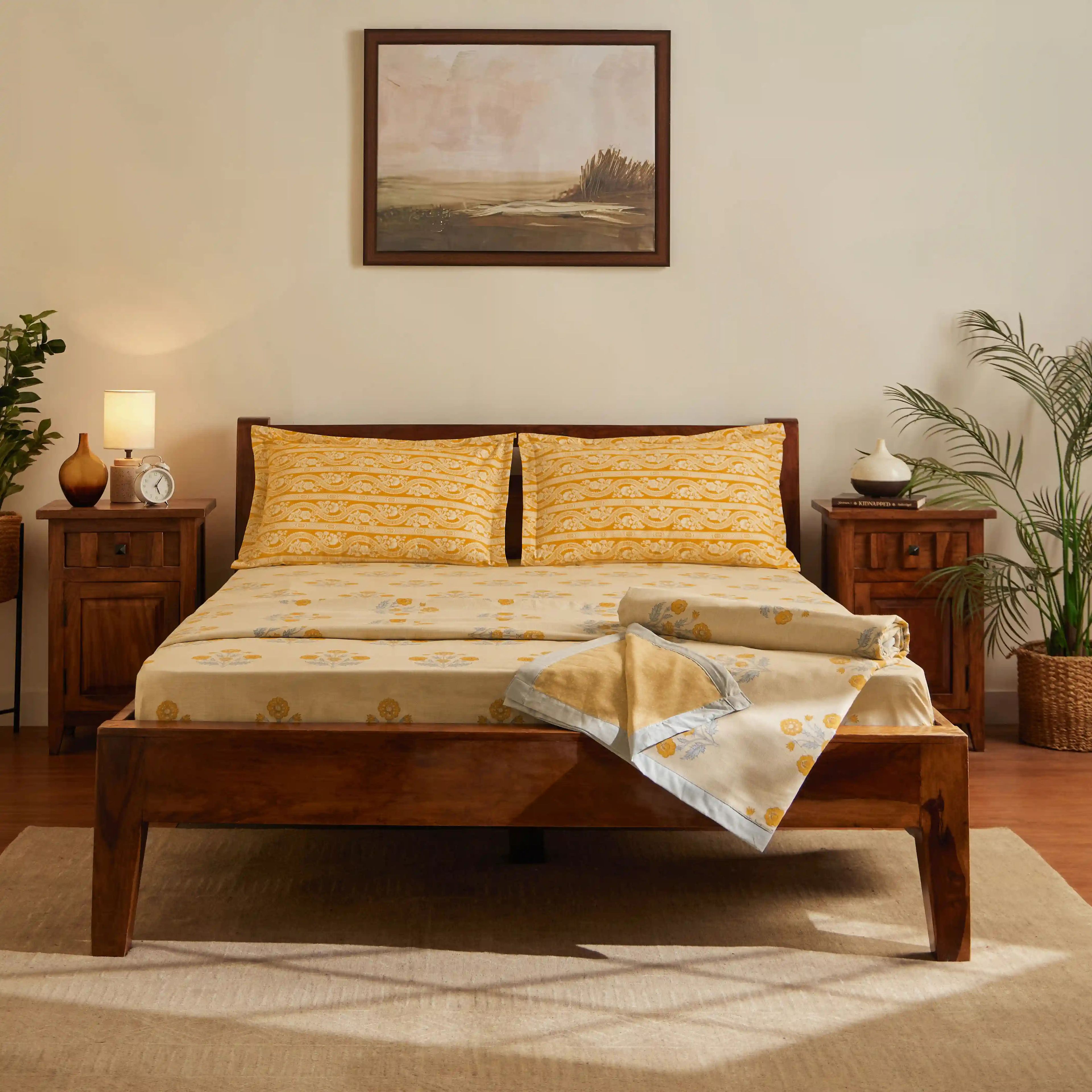 Chippa Lane | Contemporary Indian Print Design Coordinated Bedding Set | Set of Bedsheet & Dohars-Ochre