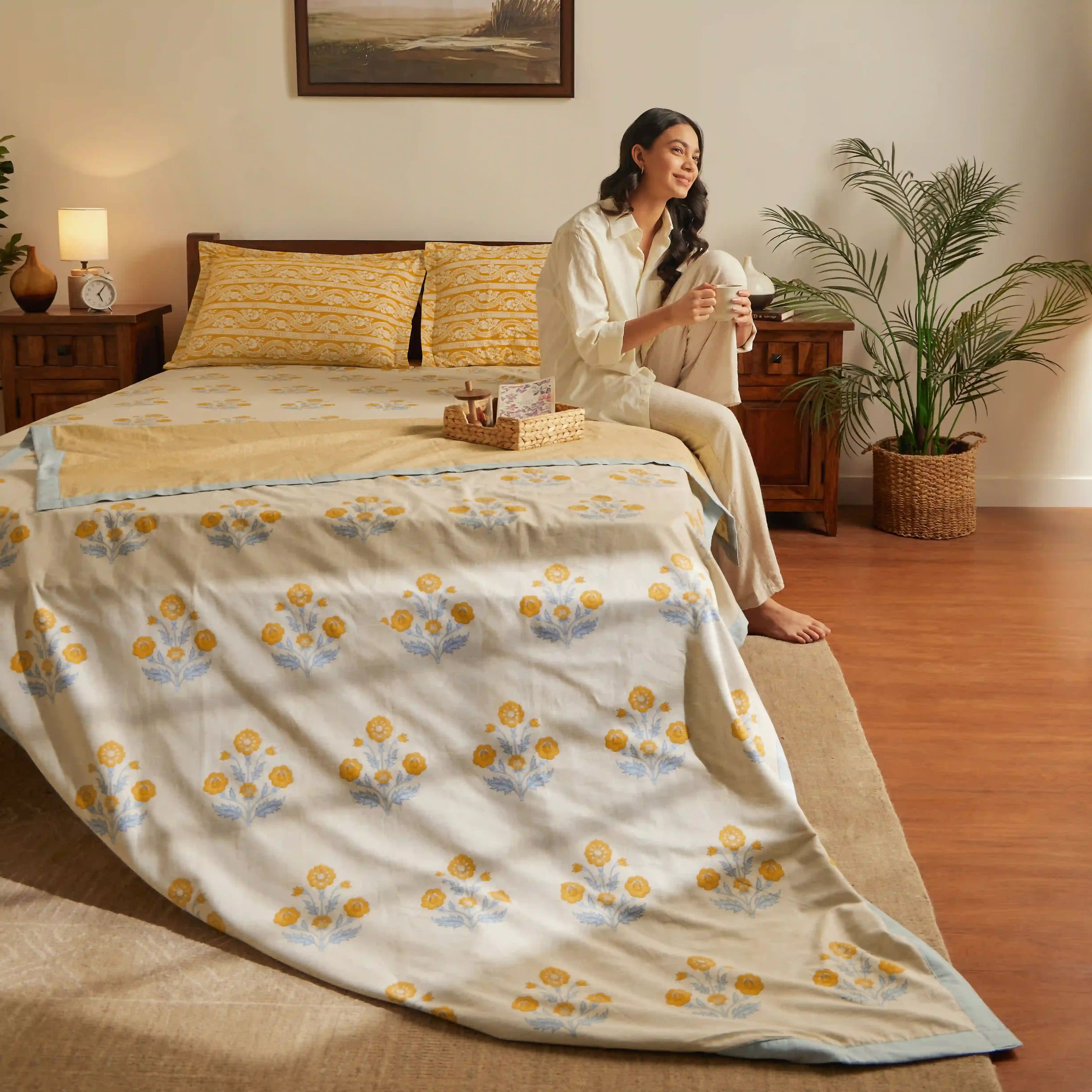 Chippa Lane | Contemporary Indian Print Design Coordinated Bedding Set | Set of Bedsheet & Dohars-Ochre