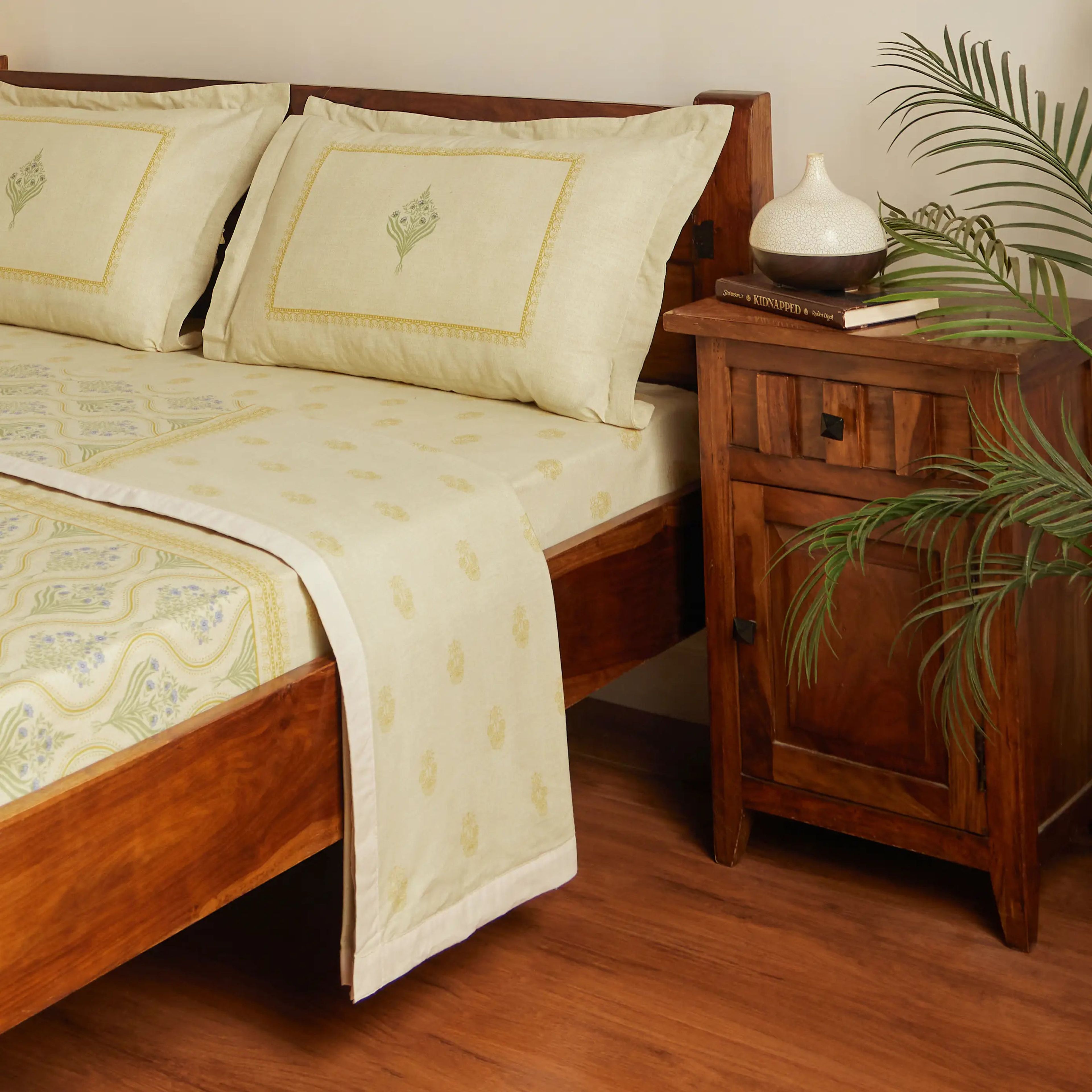 Chippa Lane | Contemporary Indian Print Design Coordinated Bedding Set | Set of Bedsheet & Dohars-Mustard