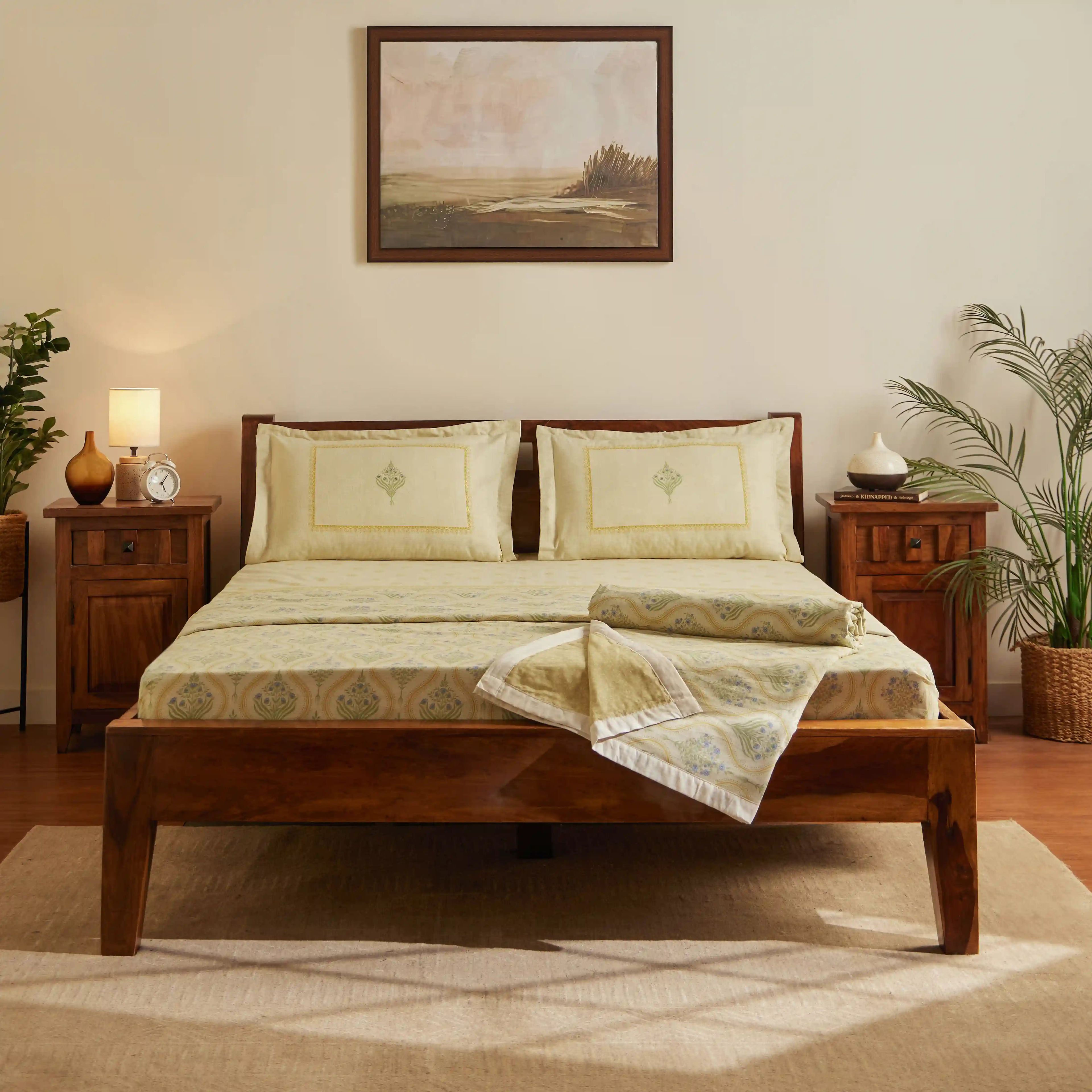 Chippa Lane | Contemporary Indian Print Design Coordinated Bedding Set | Set of Bedsheet & Dohars-Mustard
