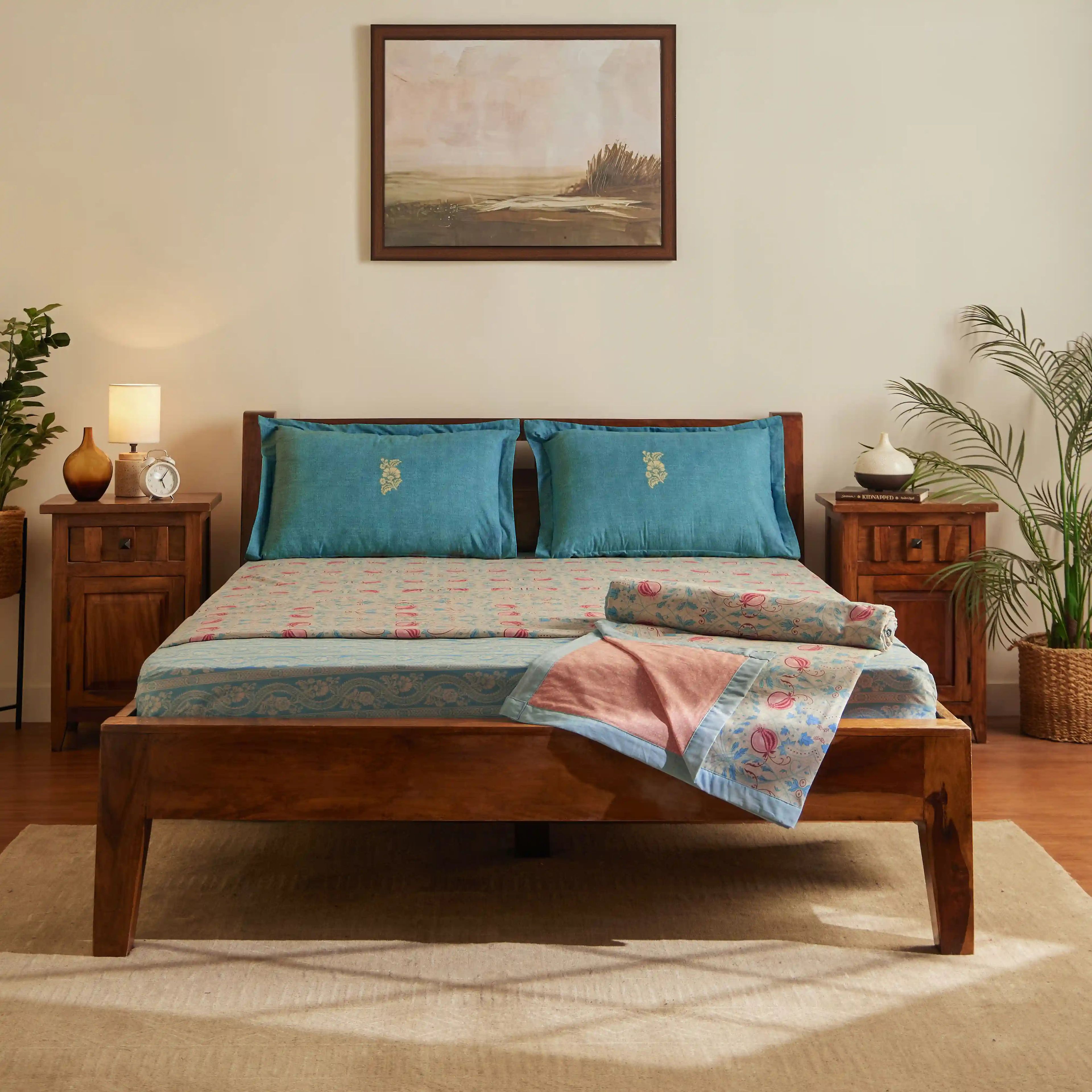 Chippa Lane | Contemporary Indian Print Design Coordinated Bedding Set | Set of Bedsheet & Dohars-Light Blue