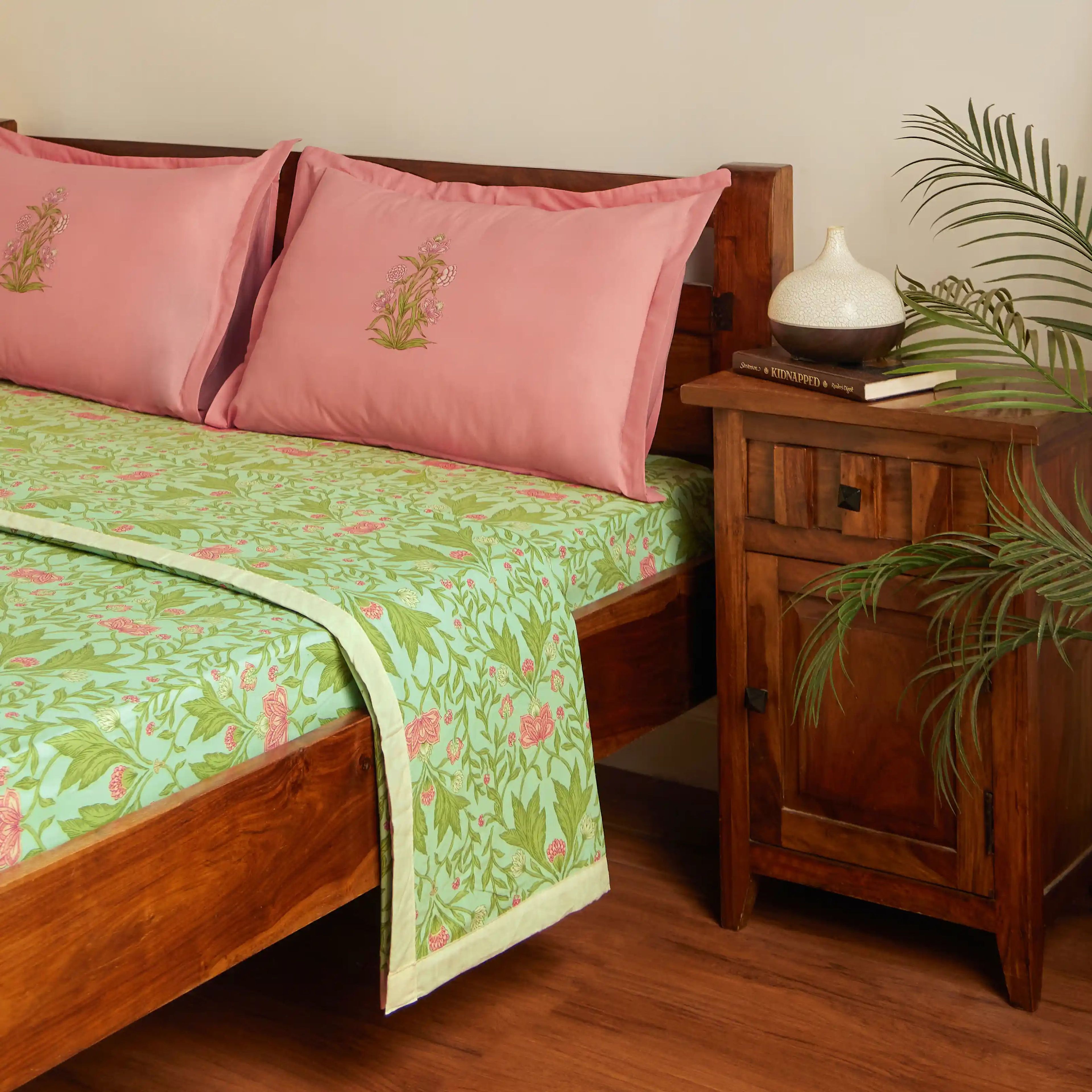 Chippa Lane | Contemporary Indian Print Design Coordinated Bedding Set | Set of Bedsheet & Dohars-Sage Mint