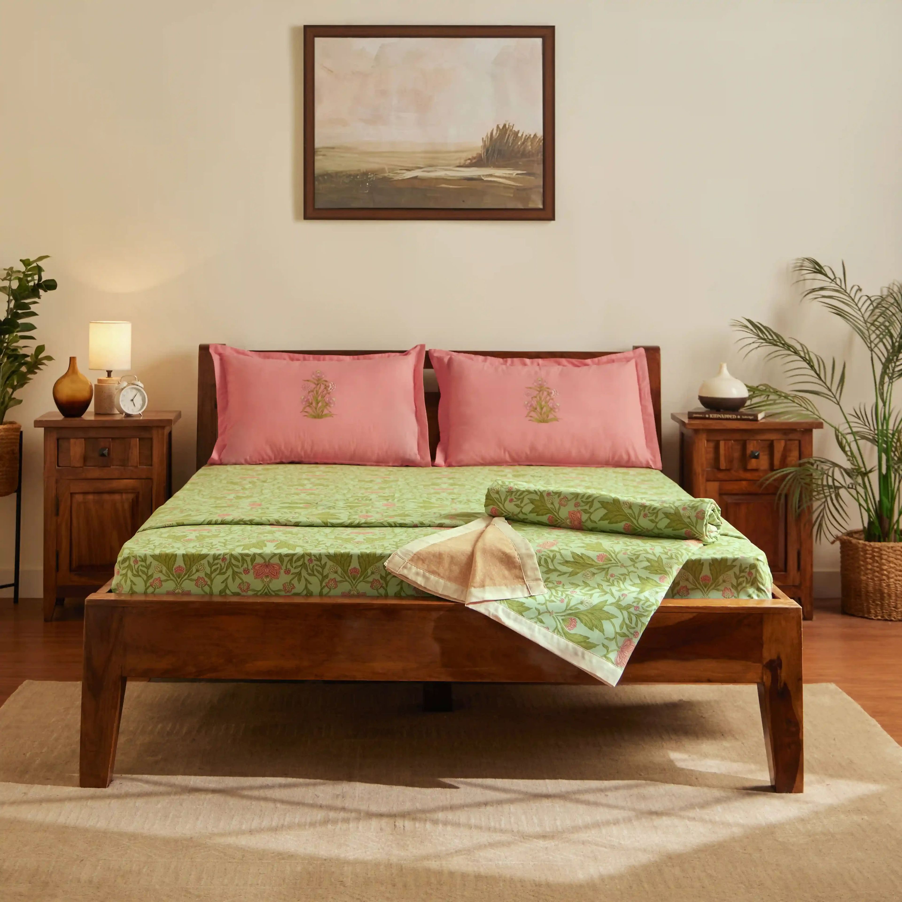 Chippa Lane | Contemporary Indian Print Design Coordinated Bedding Set | Set of Bedsheet & Dohars-Sage Mint