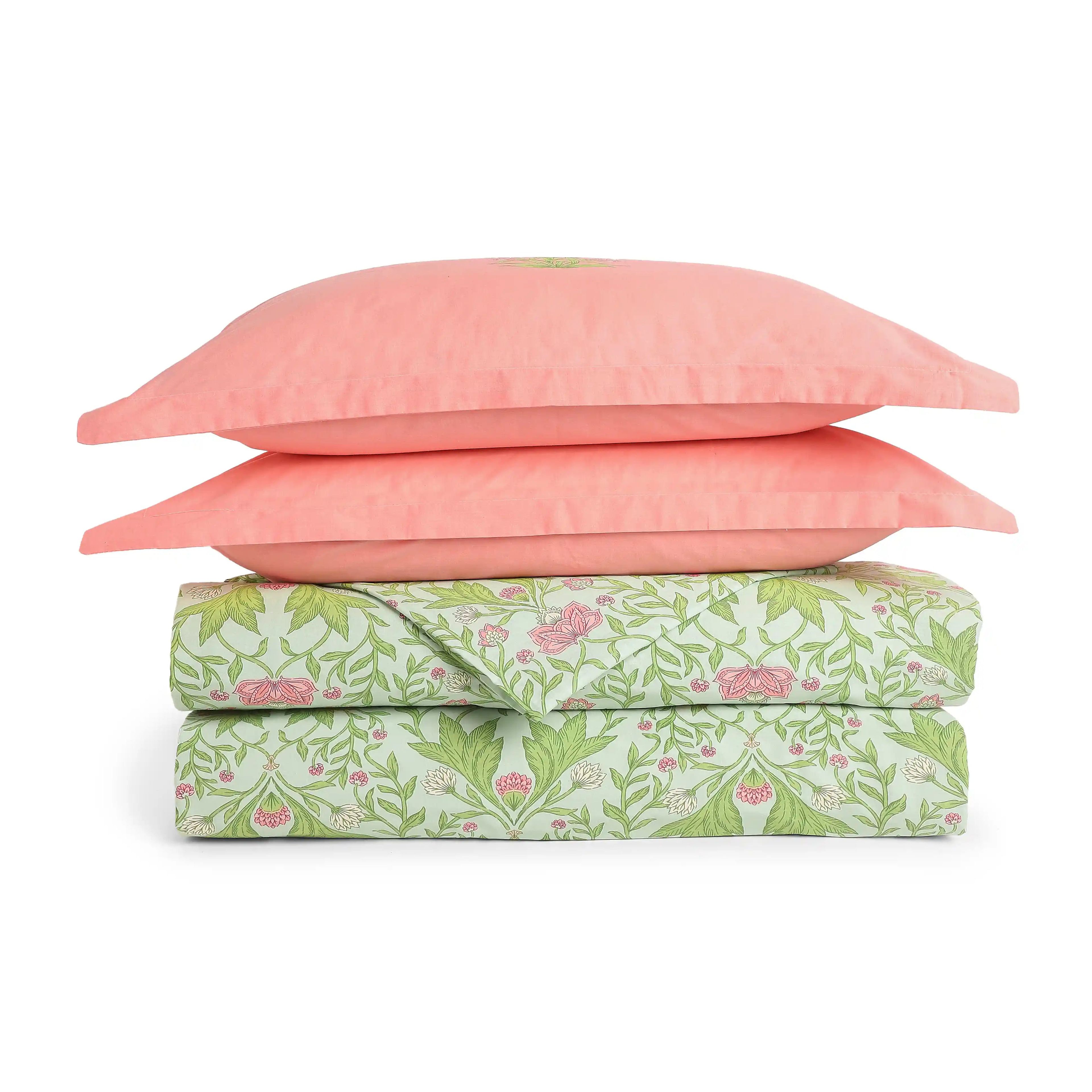 Chippa Lane | Contemporary Indian Print Design Coordinated Bedding Set | Set of Bedsheet & Dohars-Sage Mint