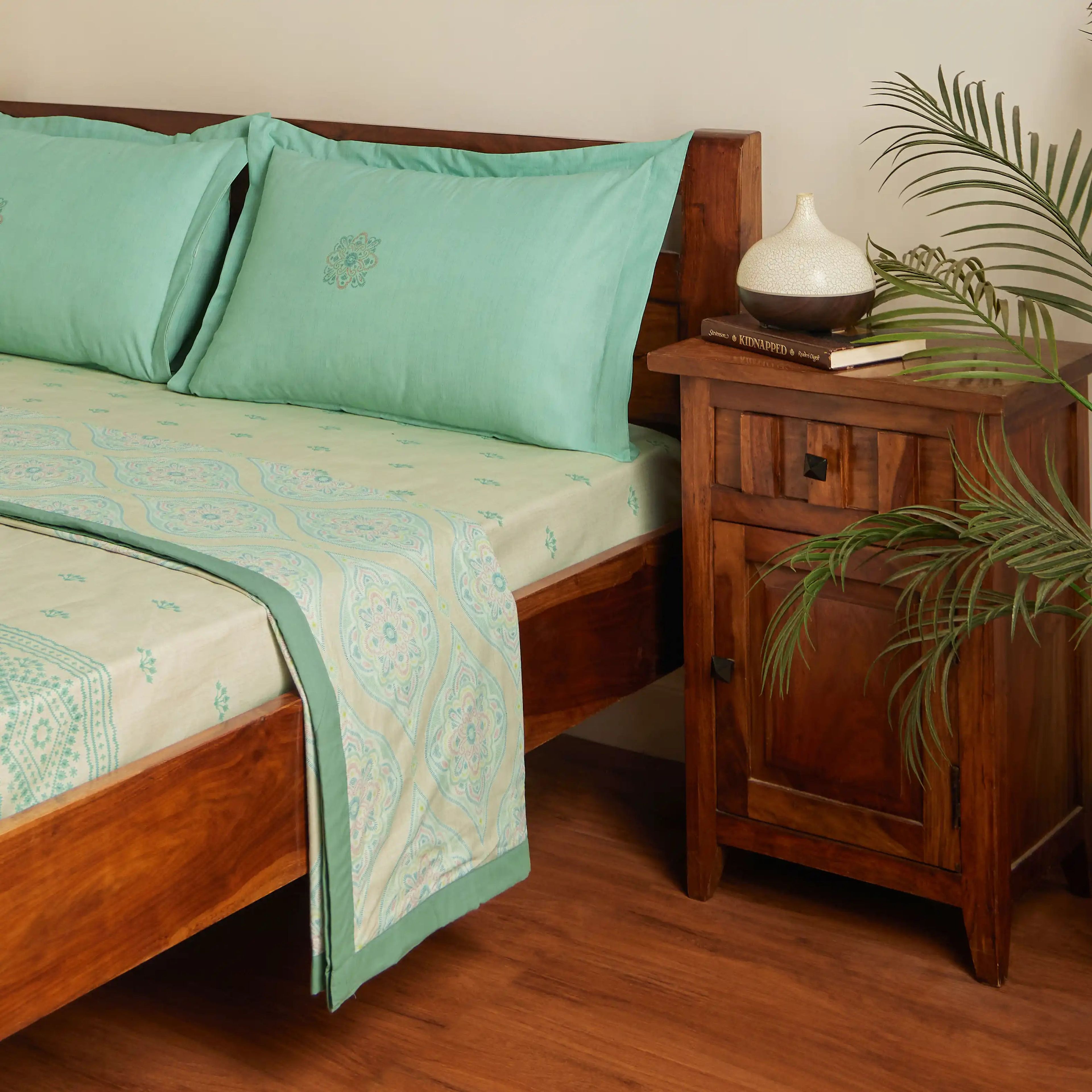 Chippa Lane | Contemporary Indian Print Design Coordinated Bedding Set | Set of Bedsheet & Dohars-Sage