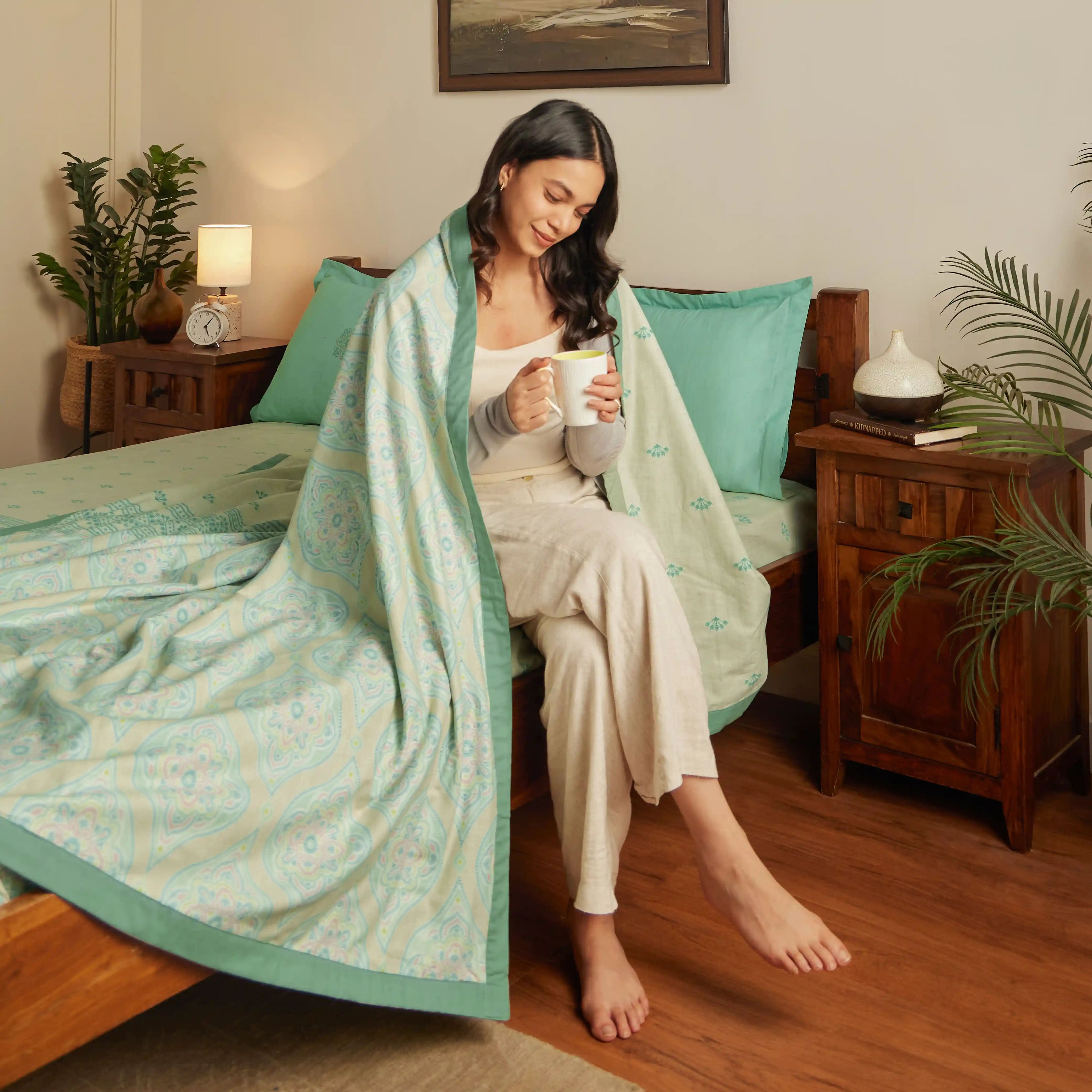 Chippa Lane | Contemporary Indian Print Design Coordinated Bedding Set | Set of Bedsheet & Dohars-Sage