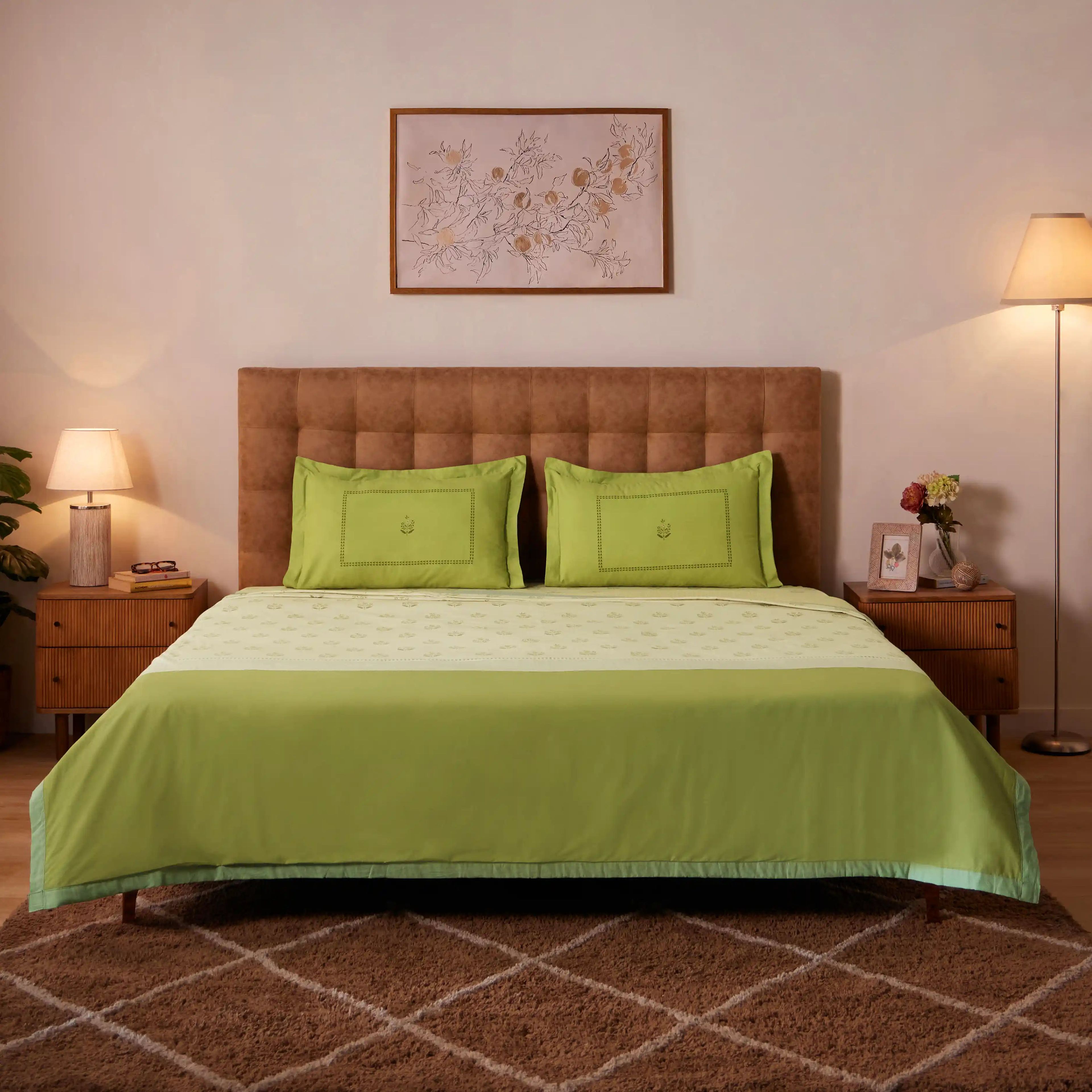 Chippa Lane | Contemporary Indian Print Design Coordinated Bedding Set | Set of Bedsheet & Dohar-Indian Moss