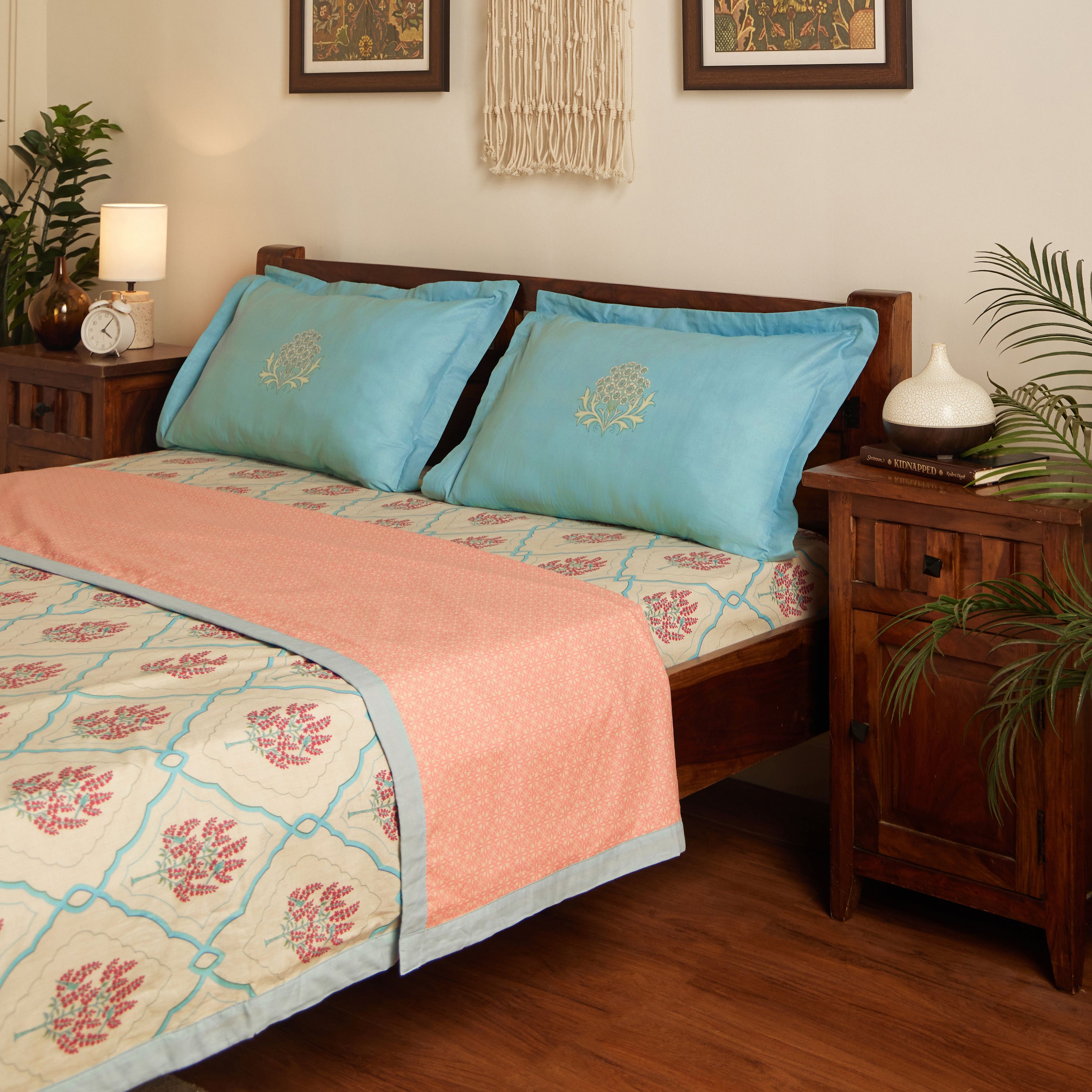 Chippa Lane | Contemporary Indian Print Design Coordinated Bedding Set | Set of Bedsheet & Dohar-Sage Bloom