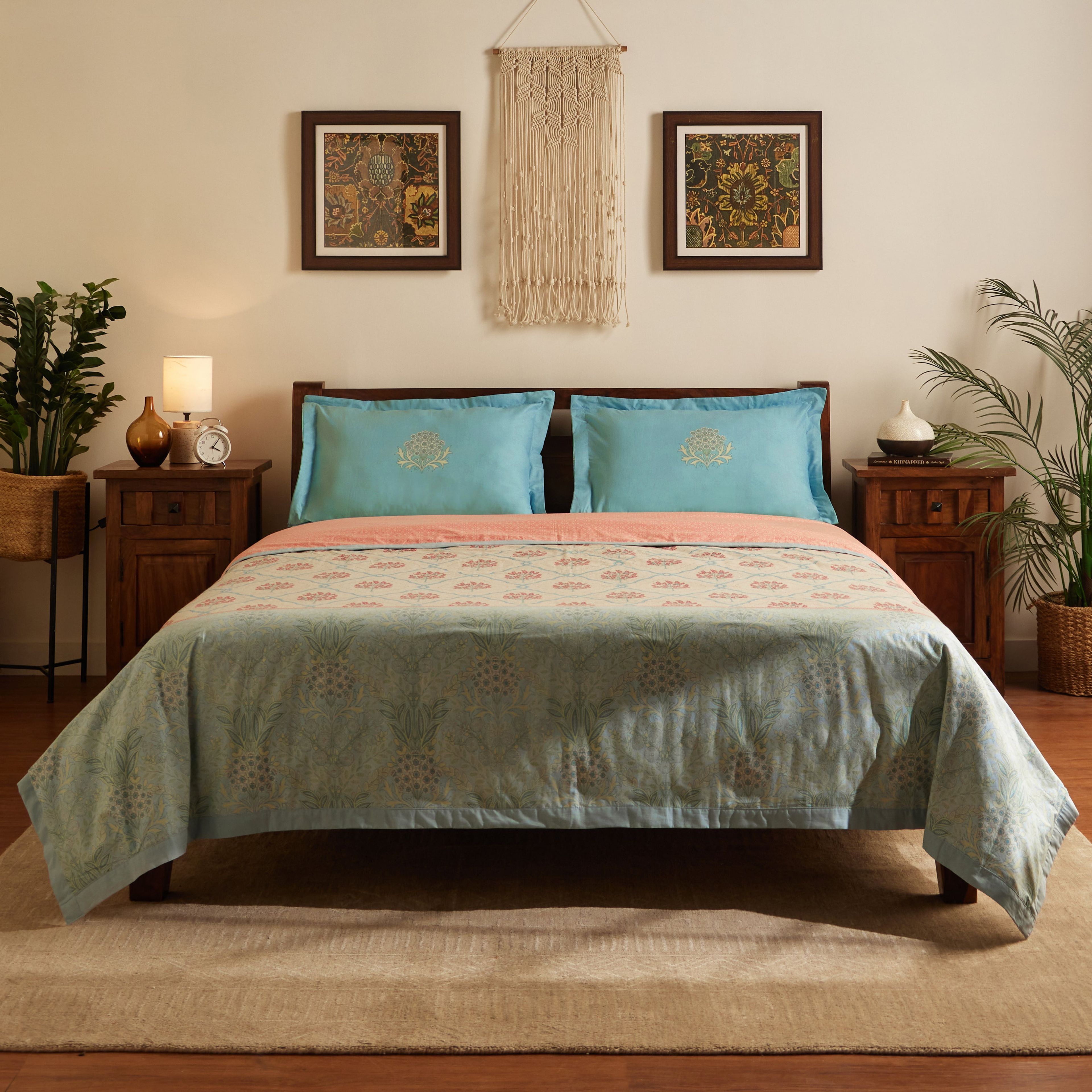 Chippa Lane | Contemporary Indian Print Design Coordinated Bedding Set | Set of Bedsheet & Dohar-Sage Bloom
