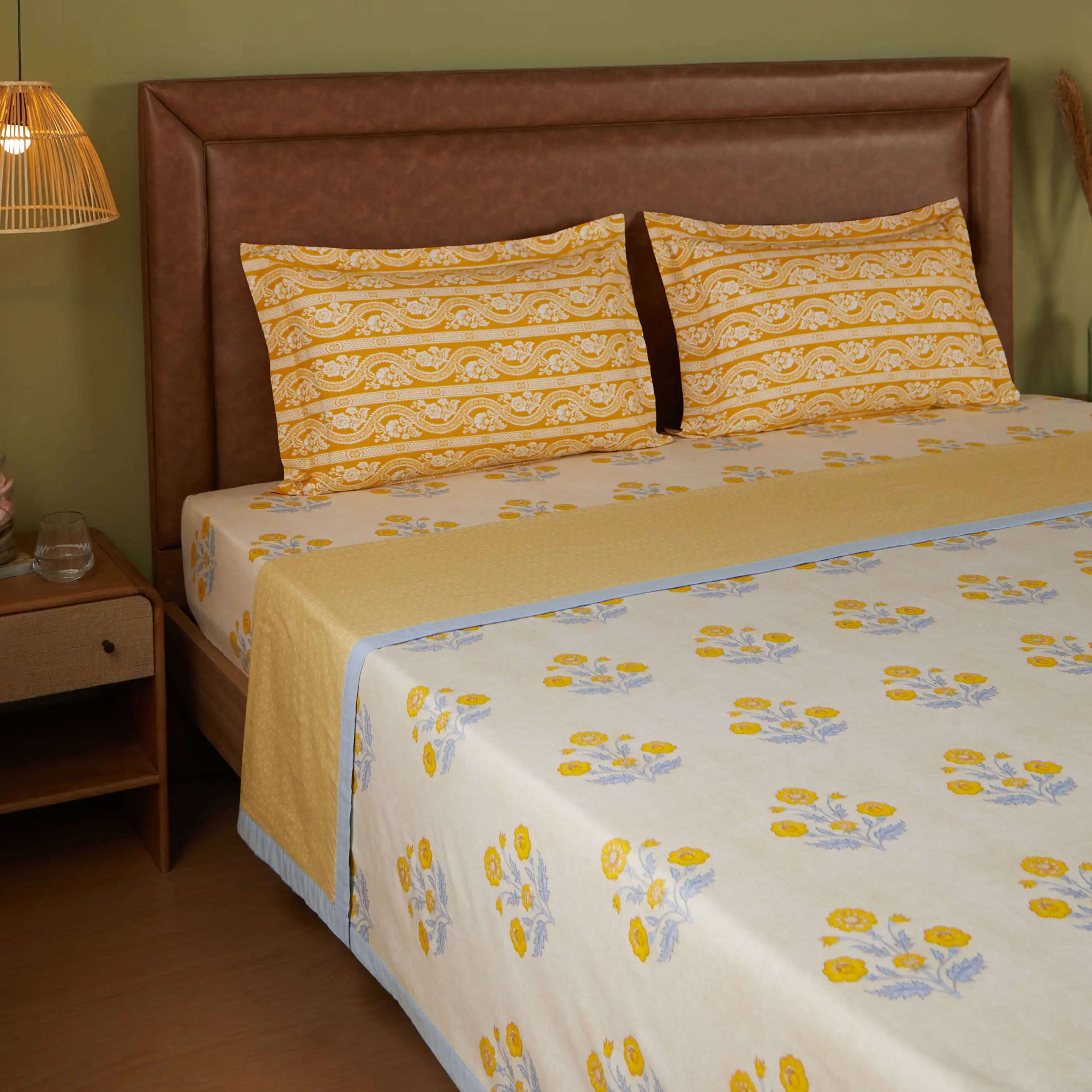 Chippa Lane | Contemporary Indian Print Design Coordinated Bedding Set | Set of Bedsheet & Dohar-Ochre