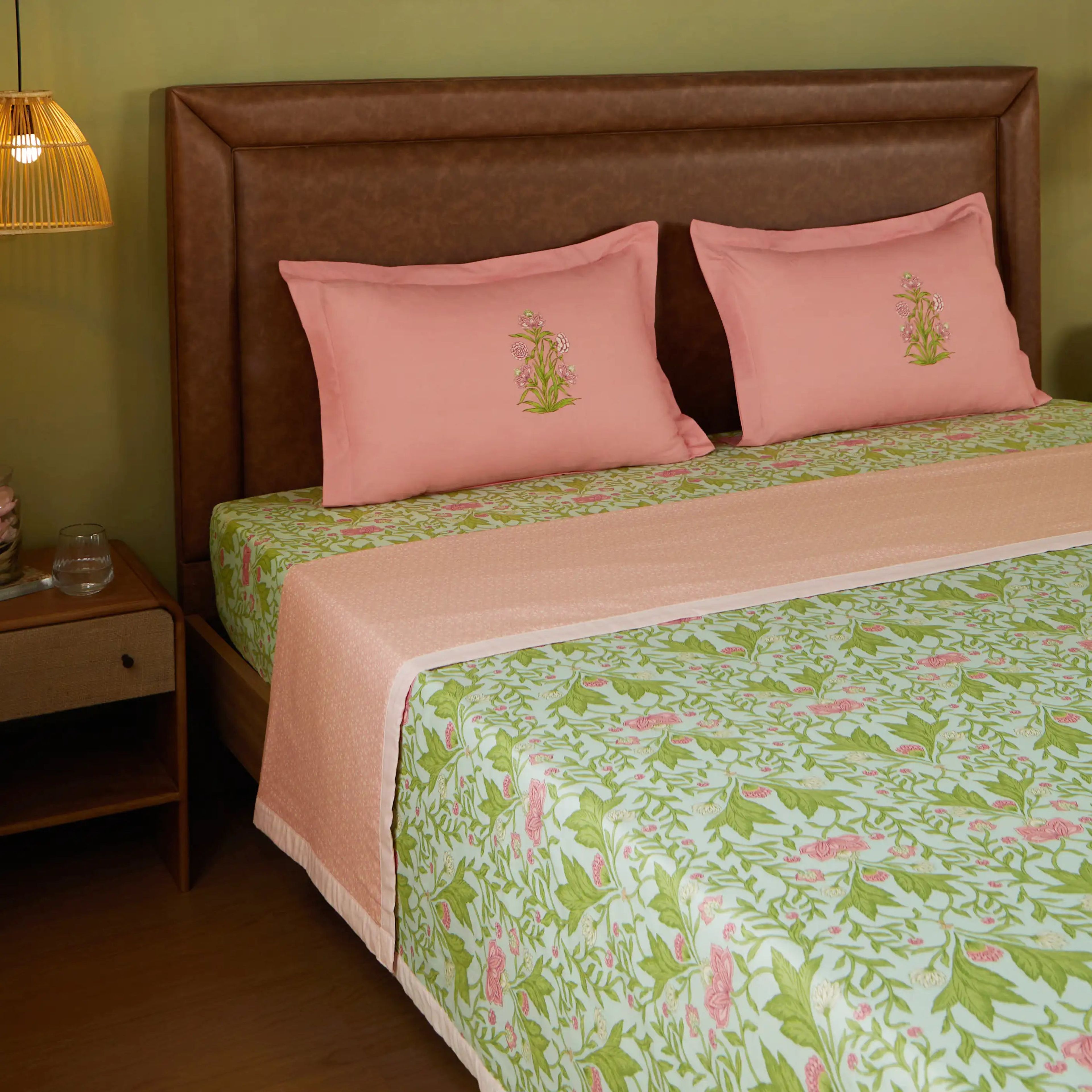 Chippa Lane | Contemporary Indian Print Design Coordinated Bedding Set | Set of Bedsheet & Dohar-Sage Mint