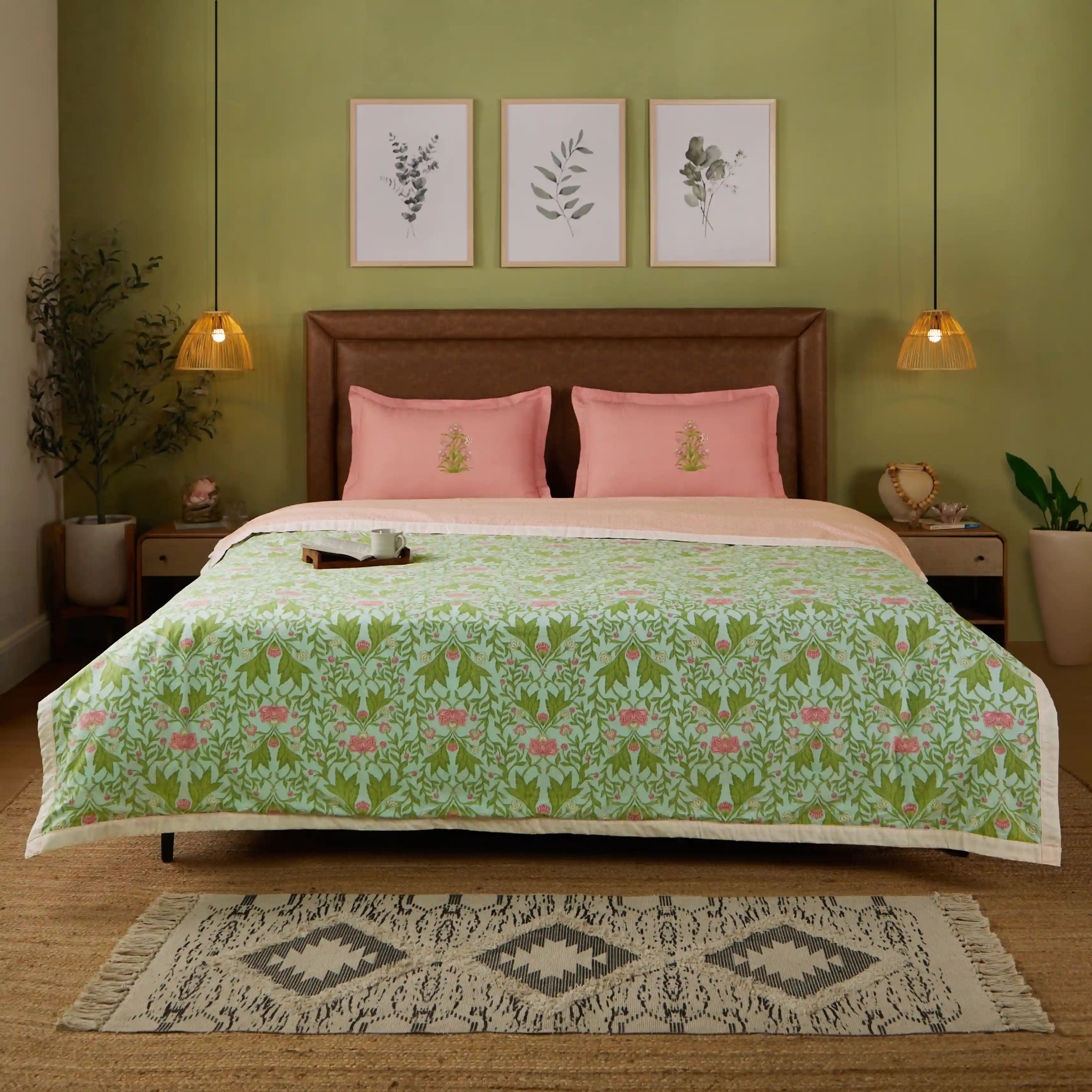 Chippa Lane | Contemporary Indian Print Design Coordinated Bedding Set | Set of Bedsheet & Dohar-Sage Mint