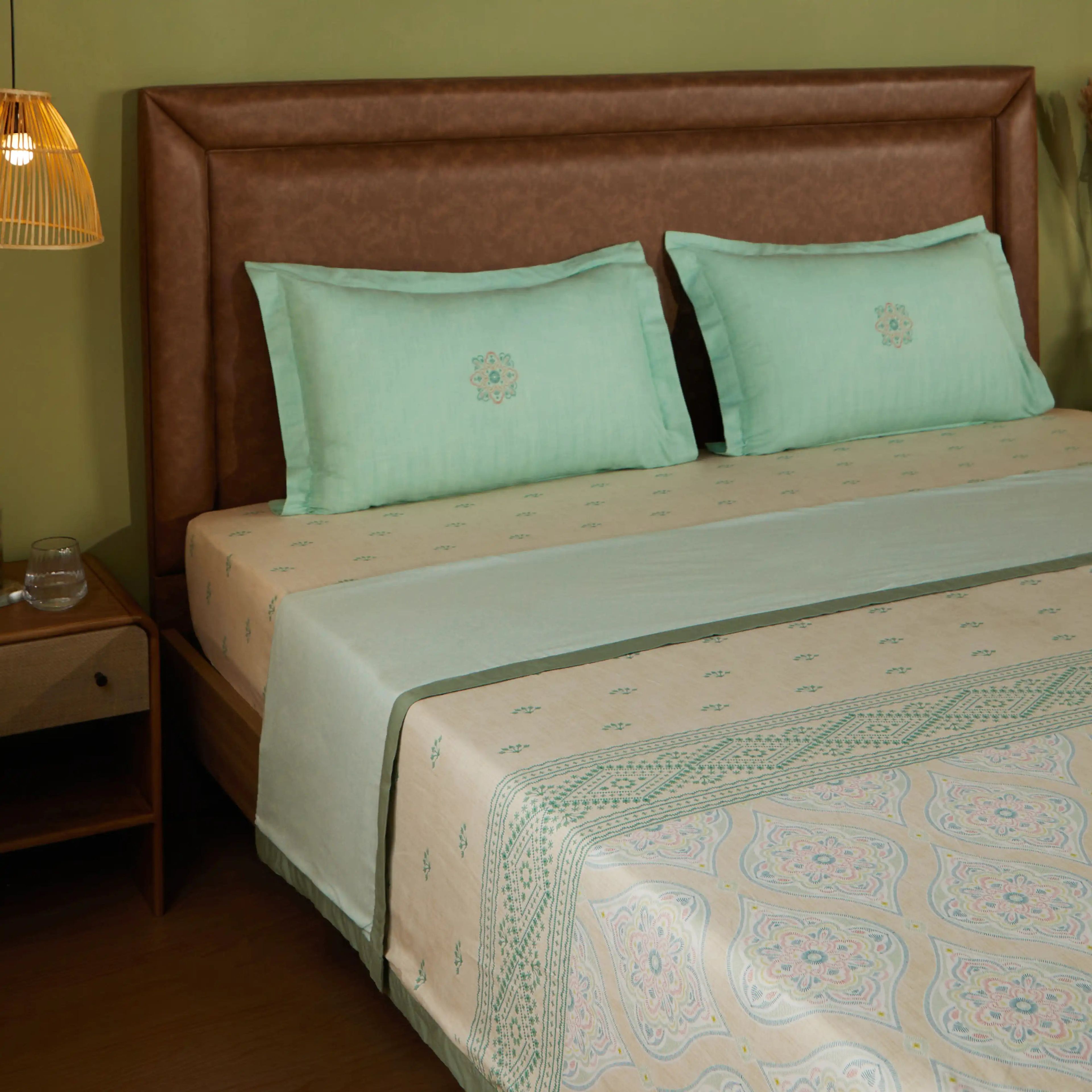 Chippa Lane | Contemporary Indian Print Design Coordinated Bedding Set | Set of Bedsheet & Dohar-Sage