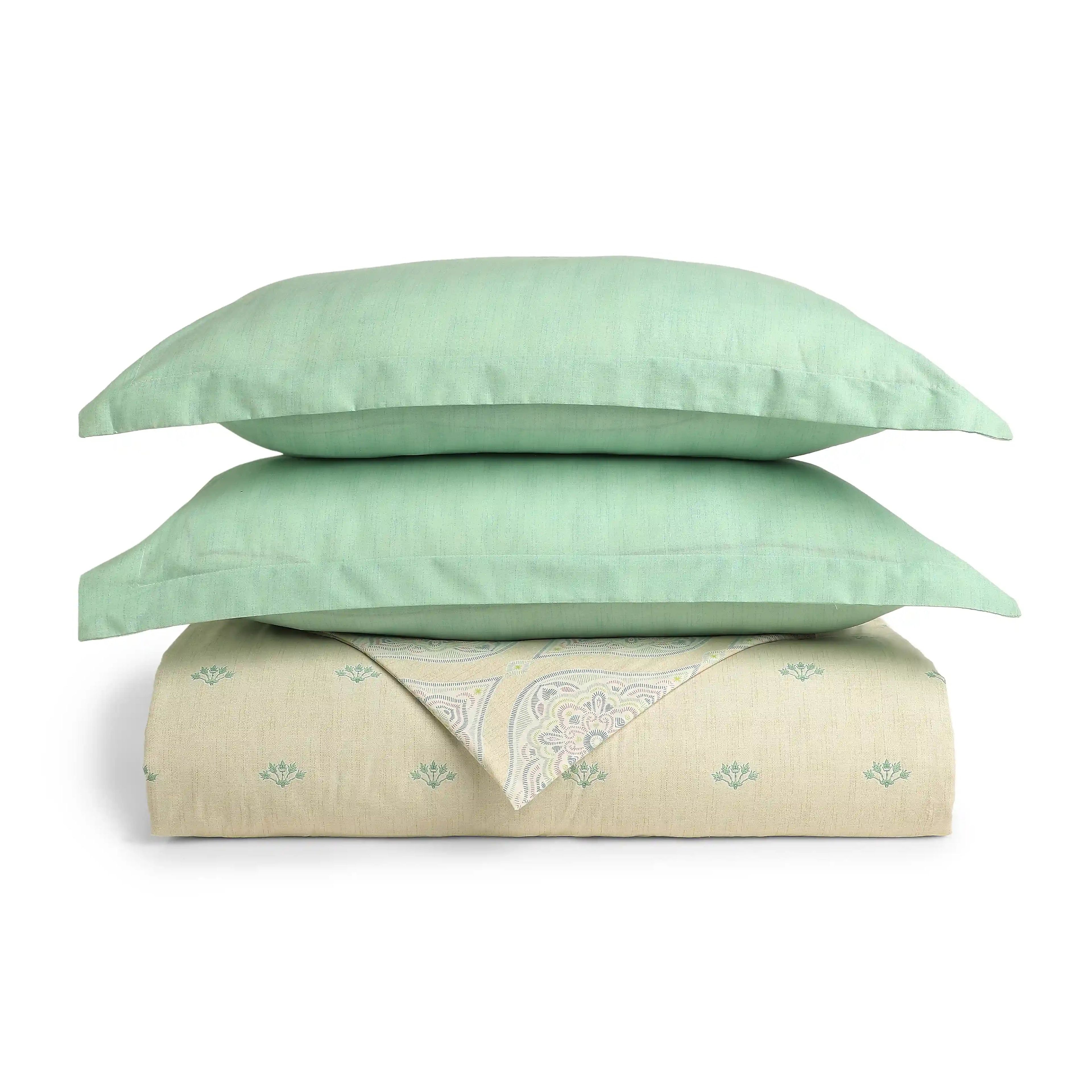 Chippa Lane | Contemporary Indian Print Design Coordinated Bedding Set | Set of Bedsheet & Dohar-Sage