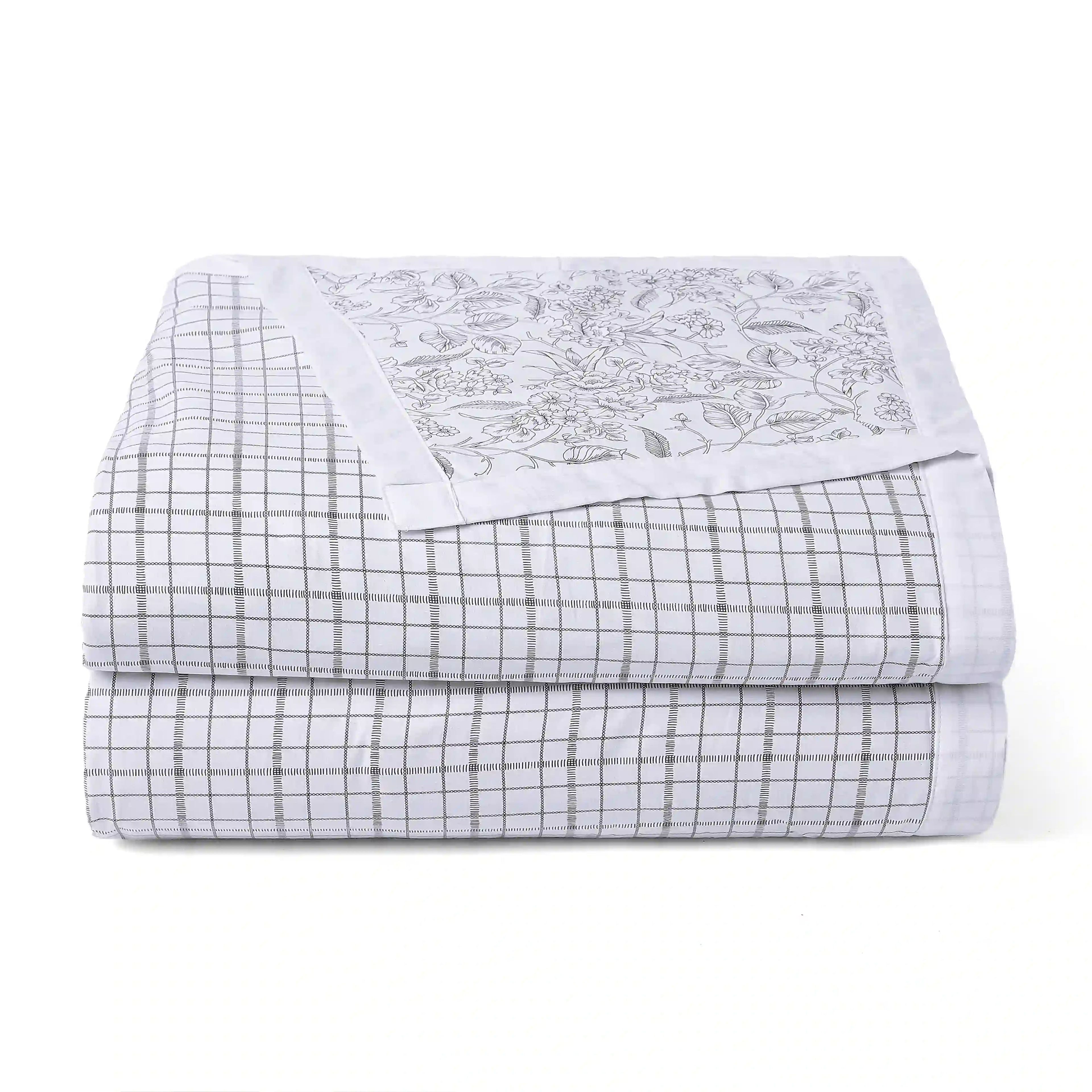 Mishella | Mix & Match Printed Coordinated Bedding Set | Set of Bedsheet & Dohars - Charcoal Checks