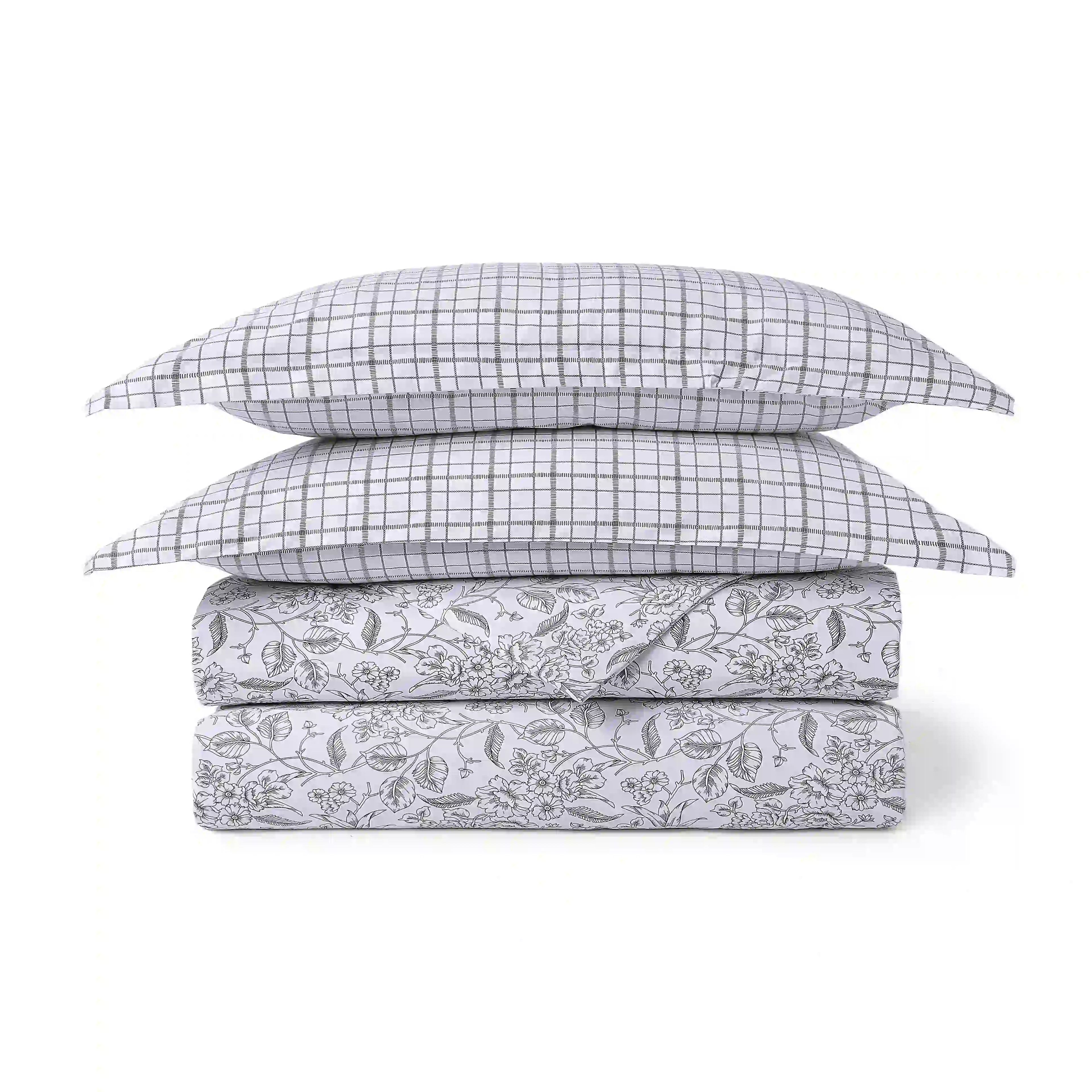 Mishella | Mix & Match Printed Coordinated Bedding Set | Set of Bedsheet & Dohars - Charcoal Bloom