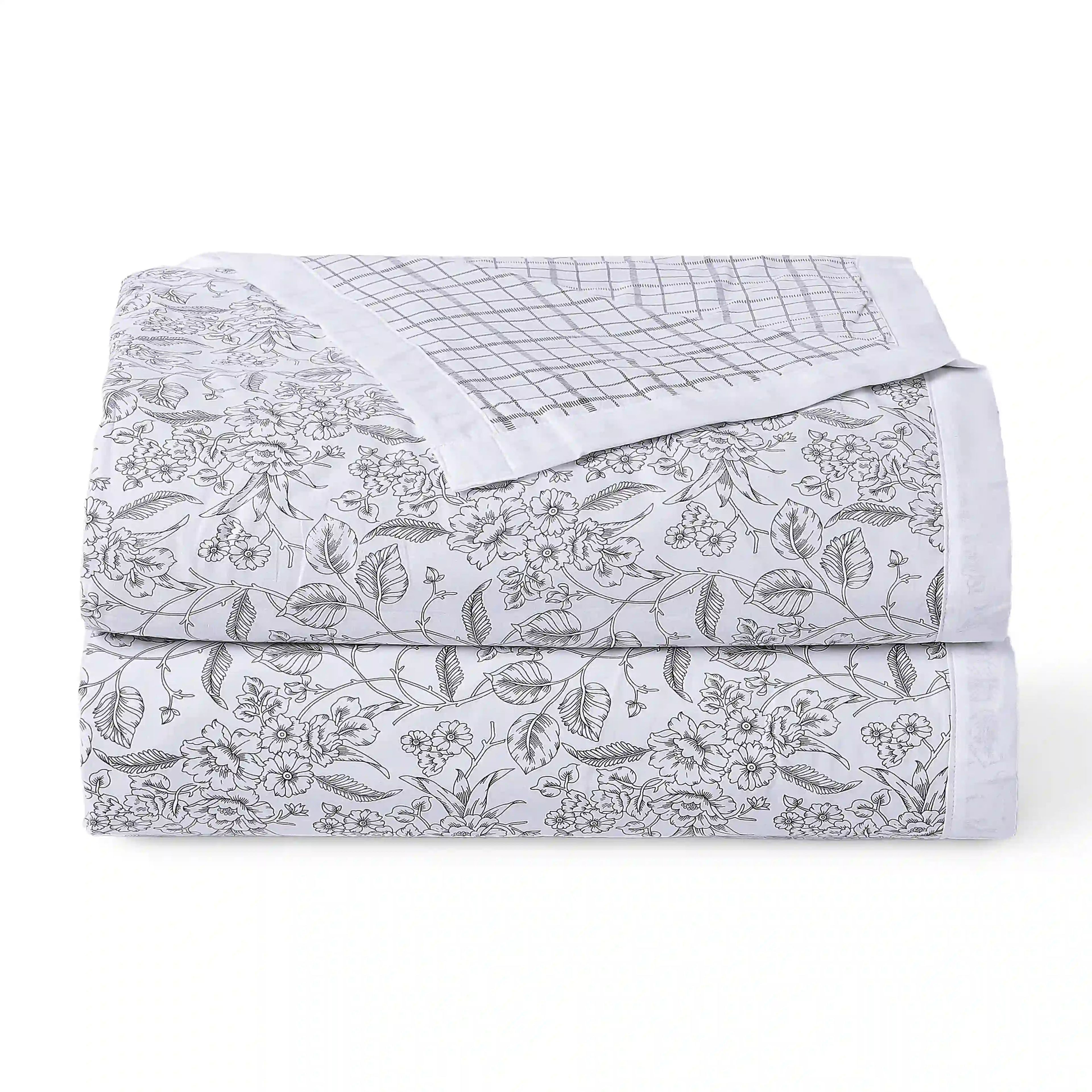 Mishella | Mix & Match Printed Coordinated Bedding Set | Set of Bedsheet & Dohars - Charcoal Bloom