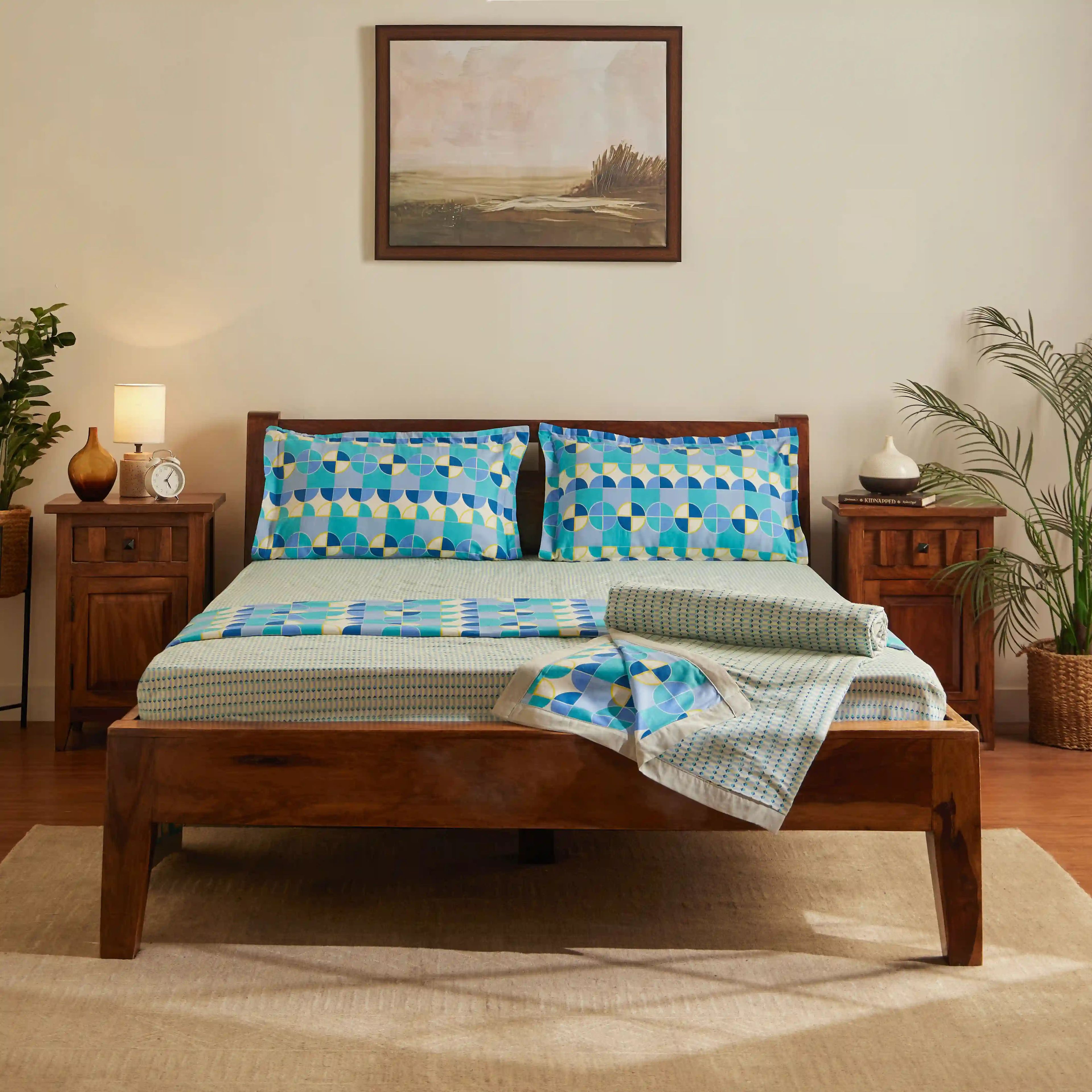 Mishella | Mix & Match Printed Coordinated Bedding Set | Set of Bedsheet & Dohars - Kaleido Teal