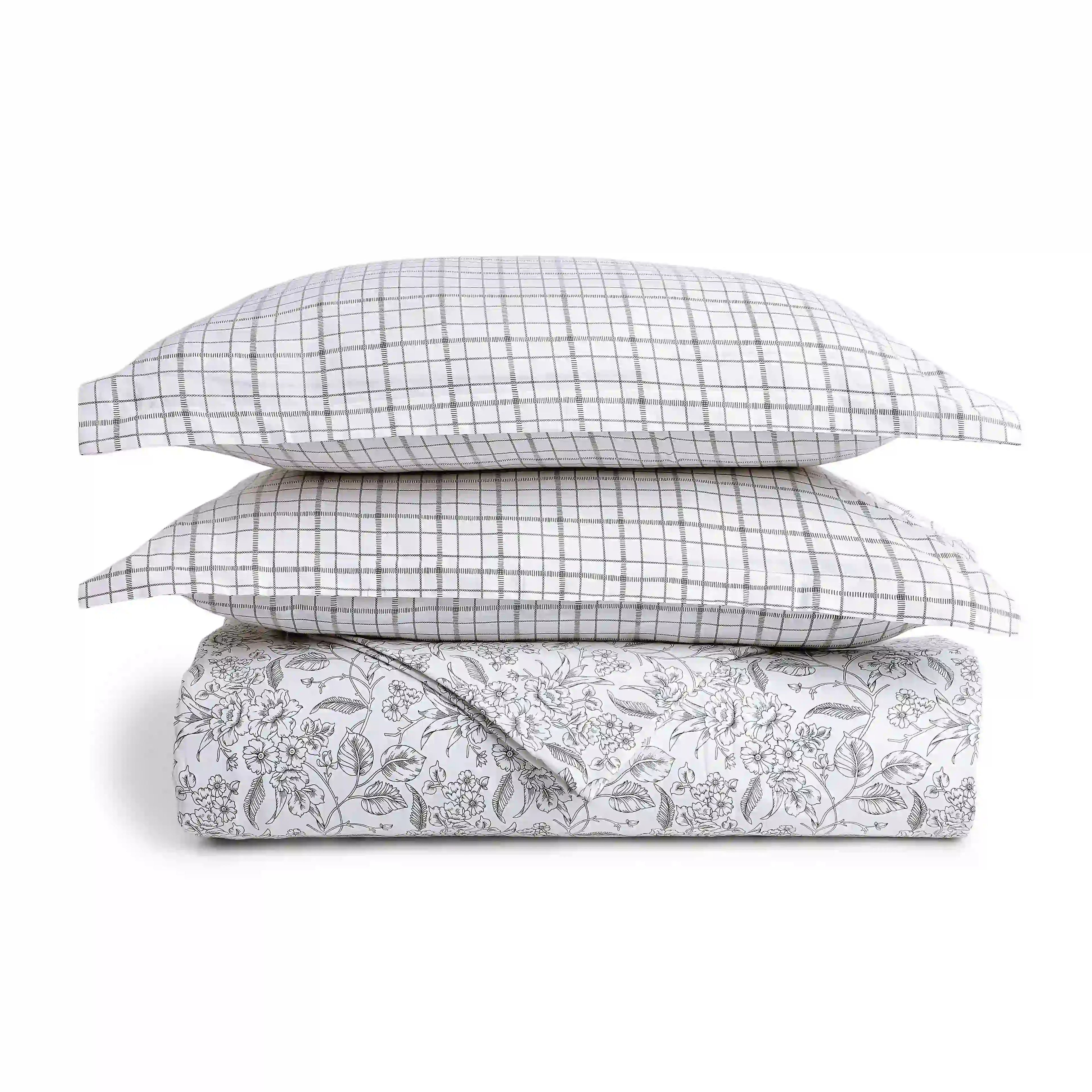 Mishella | Mix & Match Printed Coordinated Bedding Set | Set of Bedsheet & Dohar - Charcoal Bloom