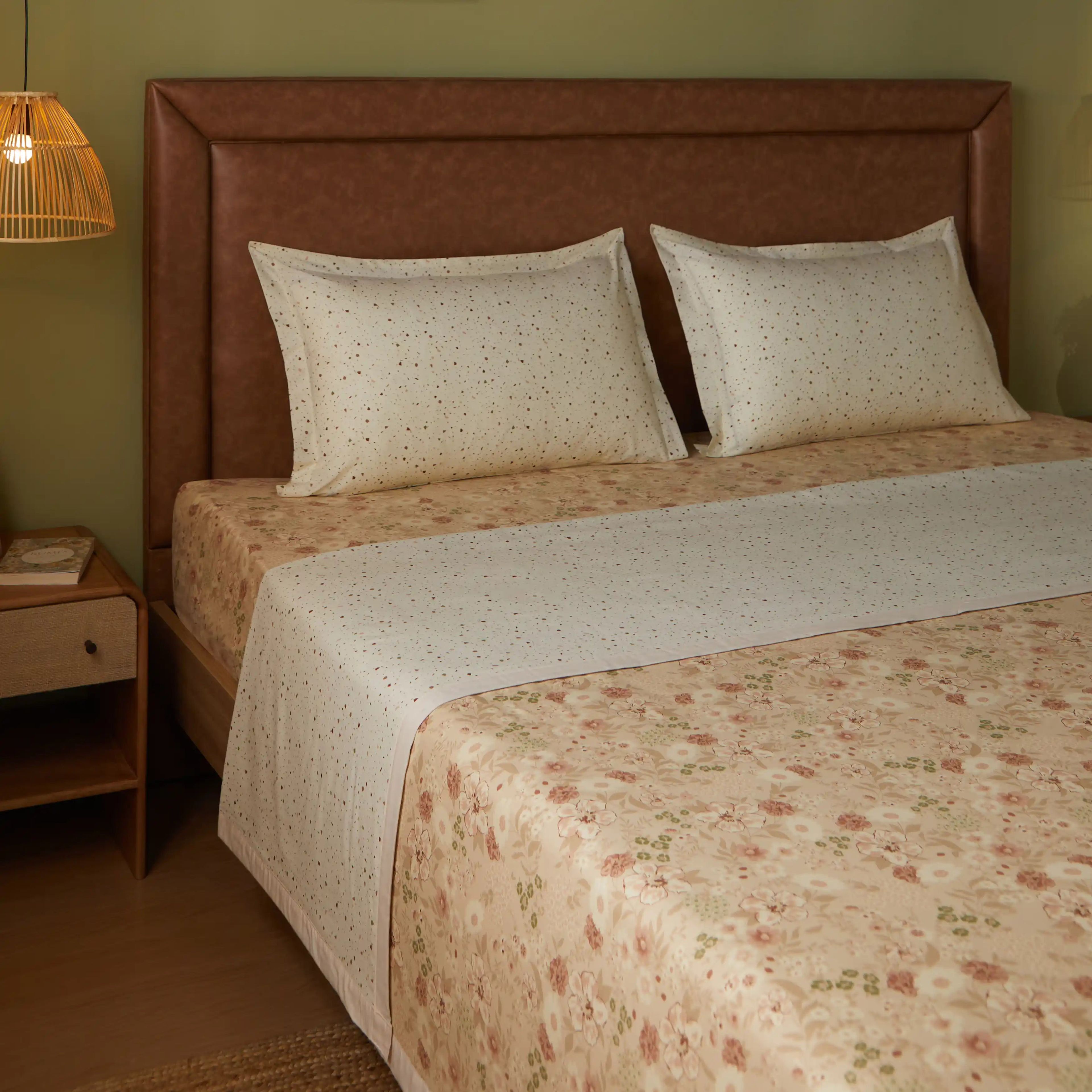 Mishella | Mix & Match Printed Coordinated Bedding Set | Set of Bedsheet & Dohar - Beige