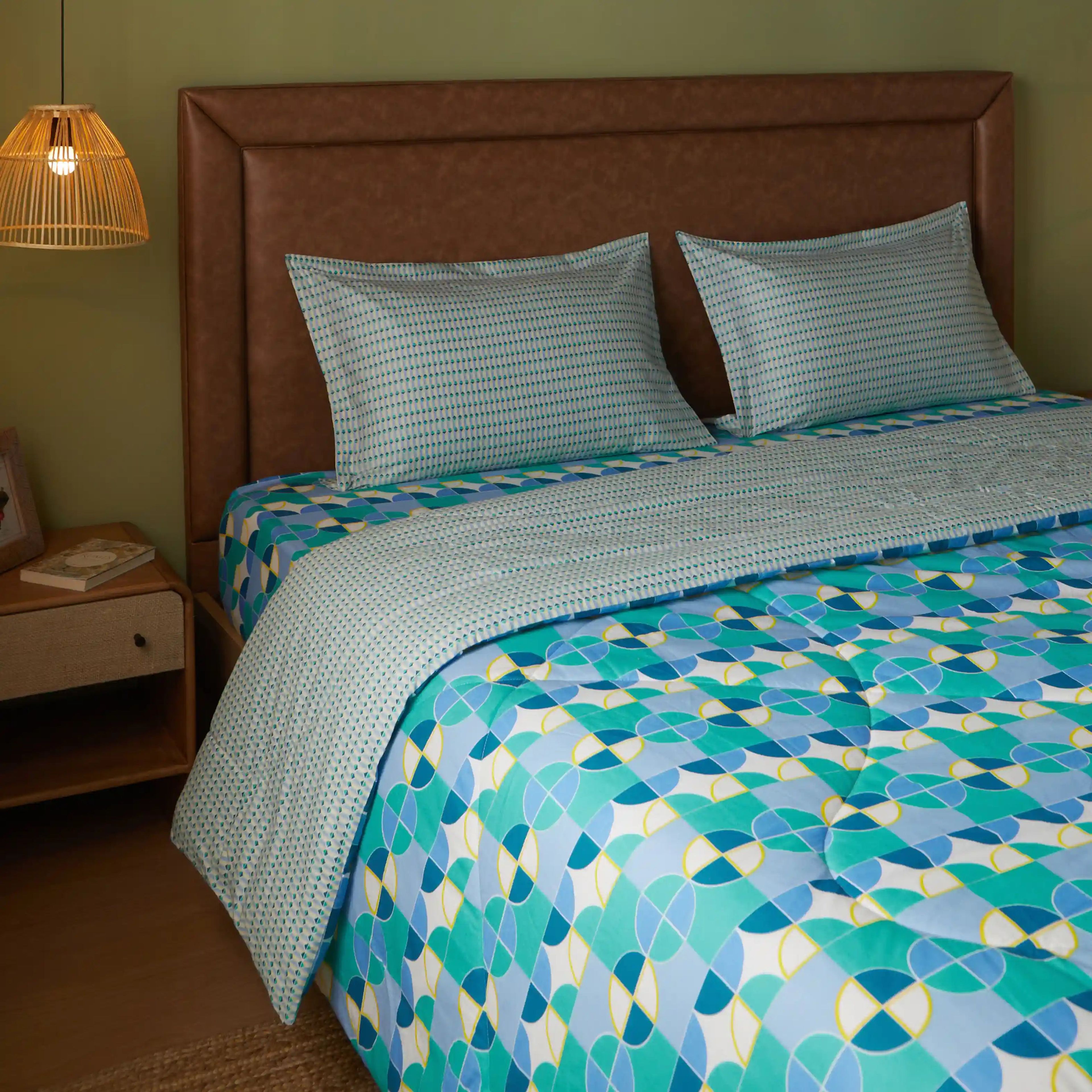 Mishella | Mix & Match Printed Coordinated Bedding Set | Set of Bedsheet & Dohar - Orbit Teal
