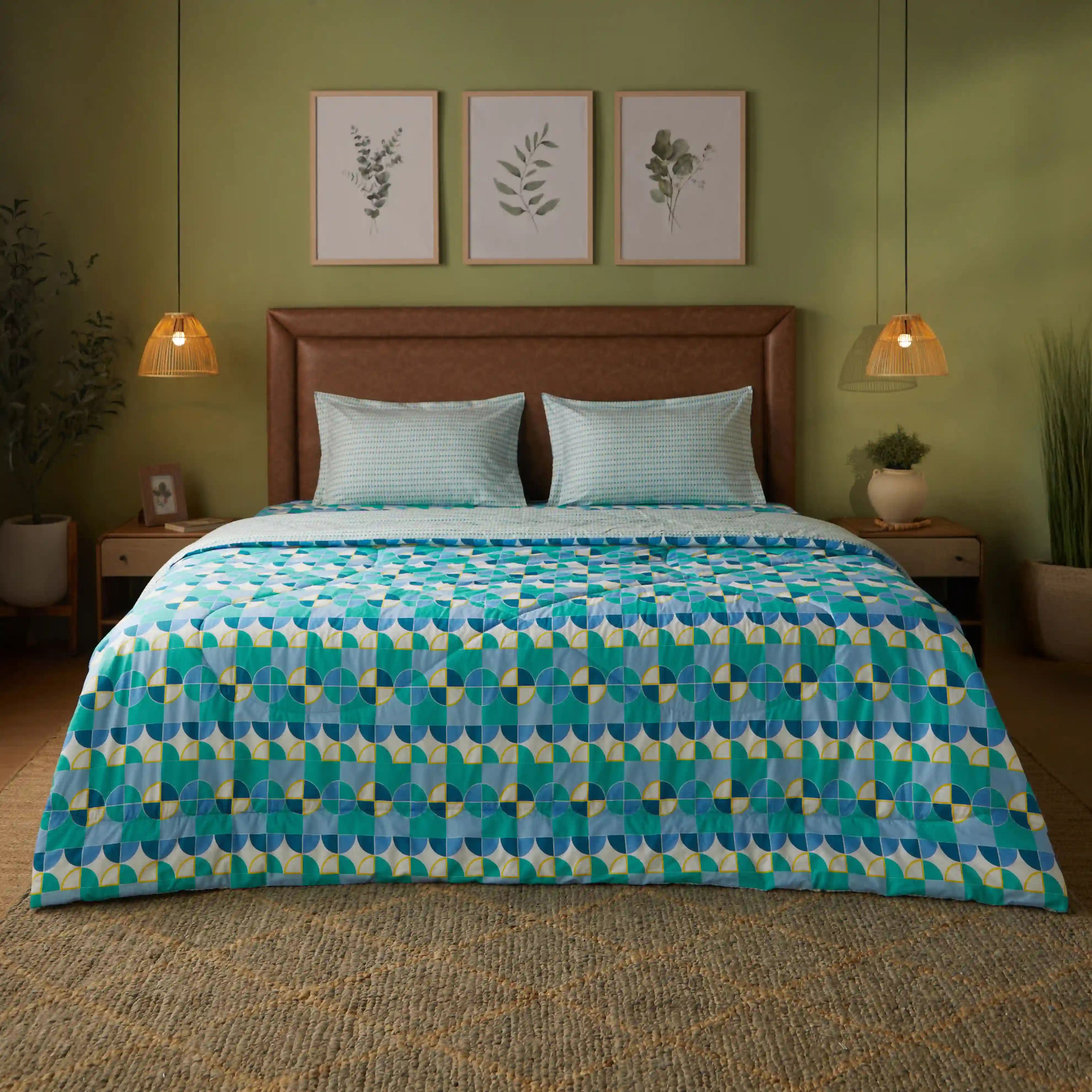 Mishella | Mix & Match Printed Coordinated Bedding Set | Set of Bedsheet & Dohar - Orbit Teal
