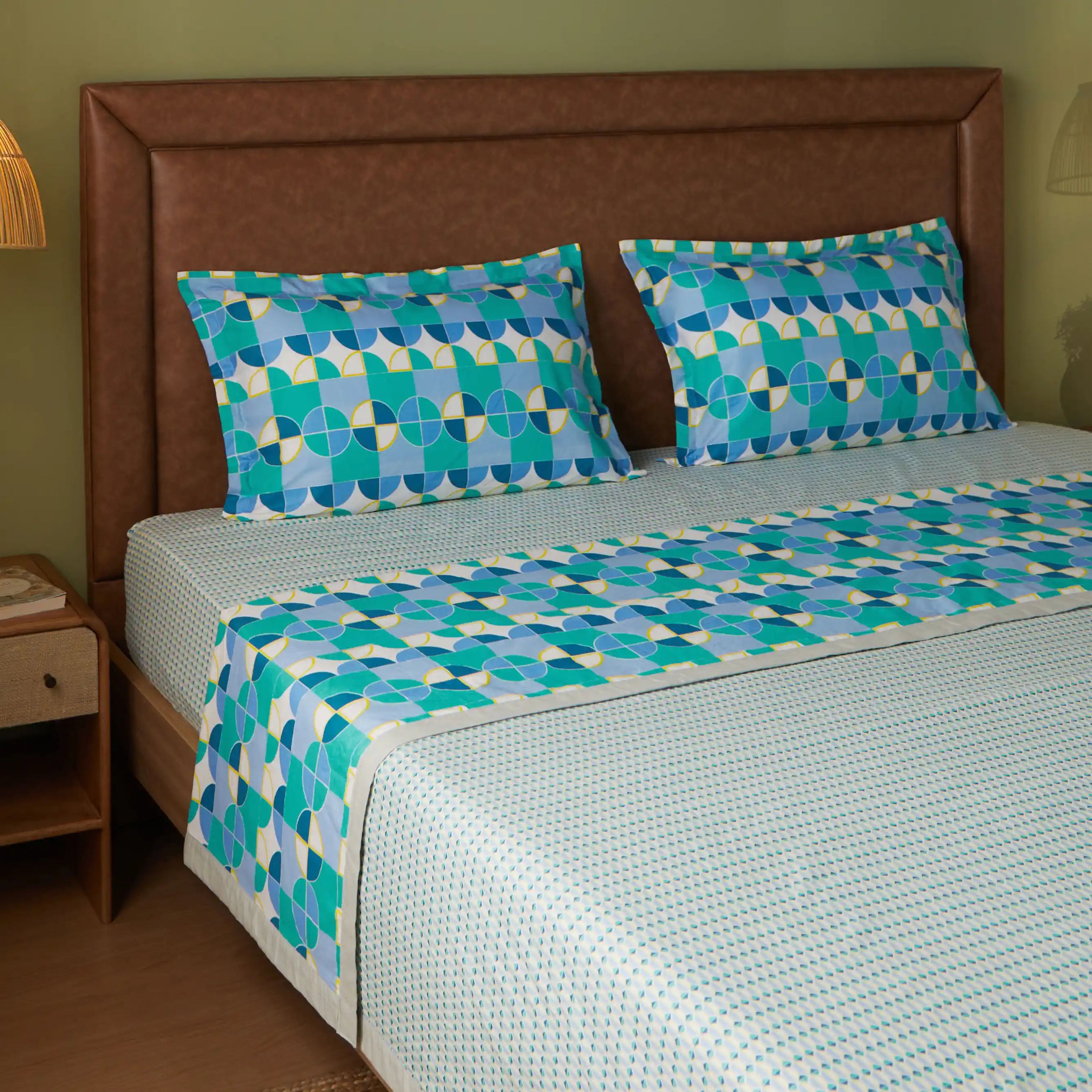 Mishella | Mix & Match Printed Coordinated Bedding Set | Set of Bedsheet & Dohar - Kaleido Teal