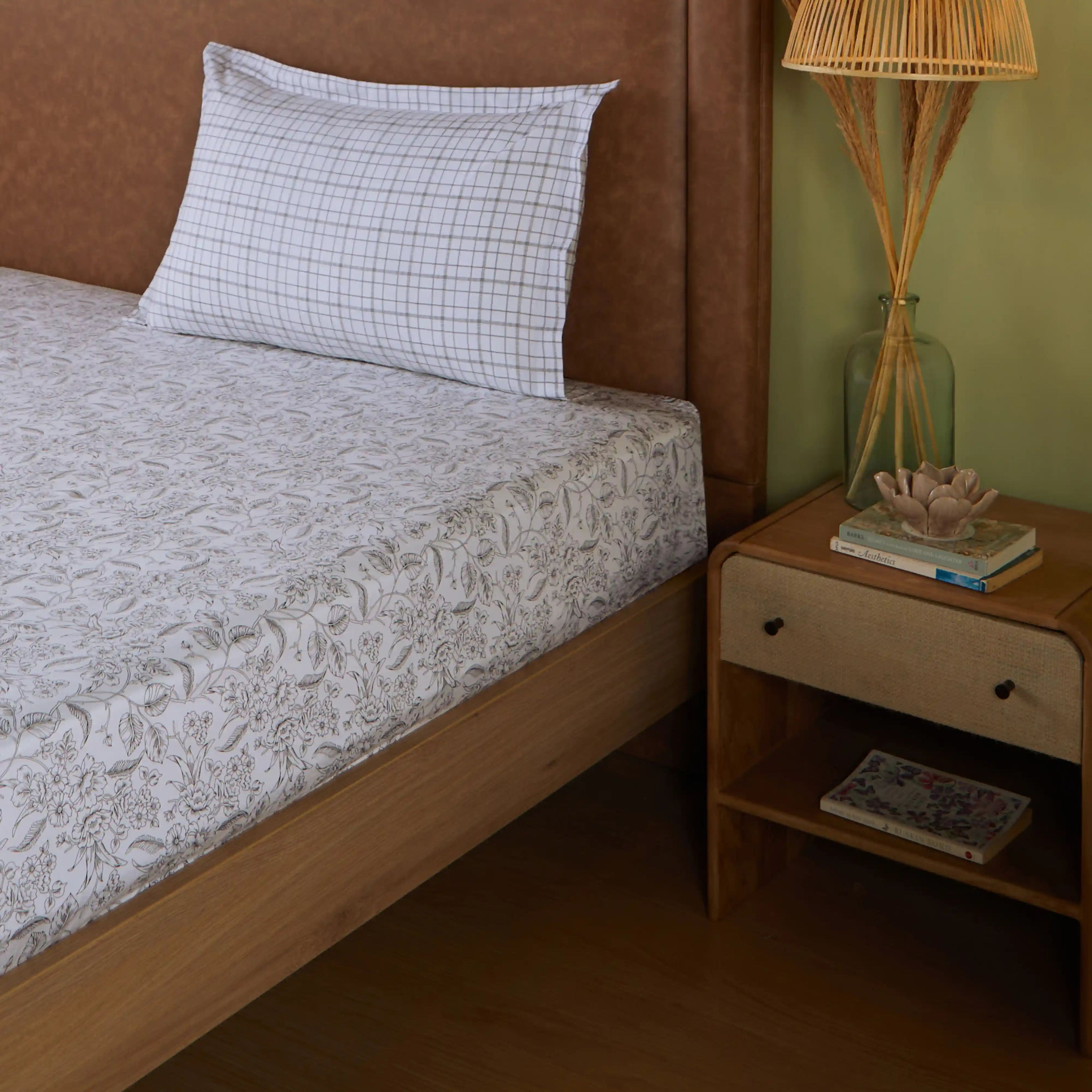 Mishella | Mix & Match Printed Cotton Bedsheet Set - Charcoal Bloom