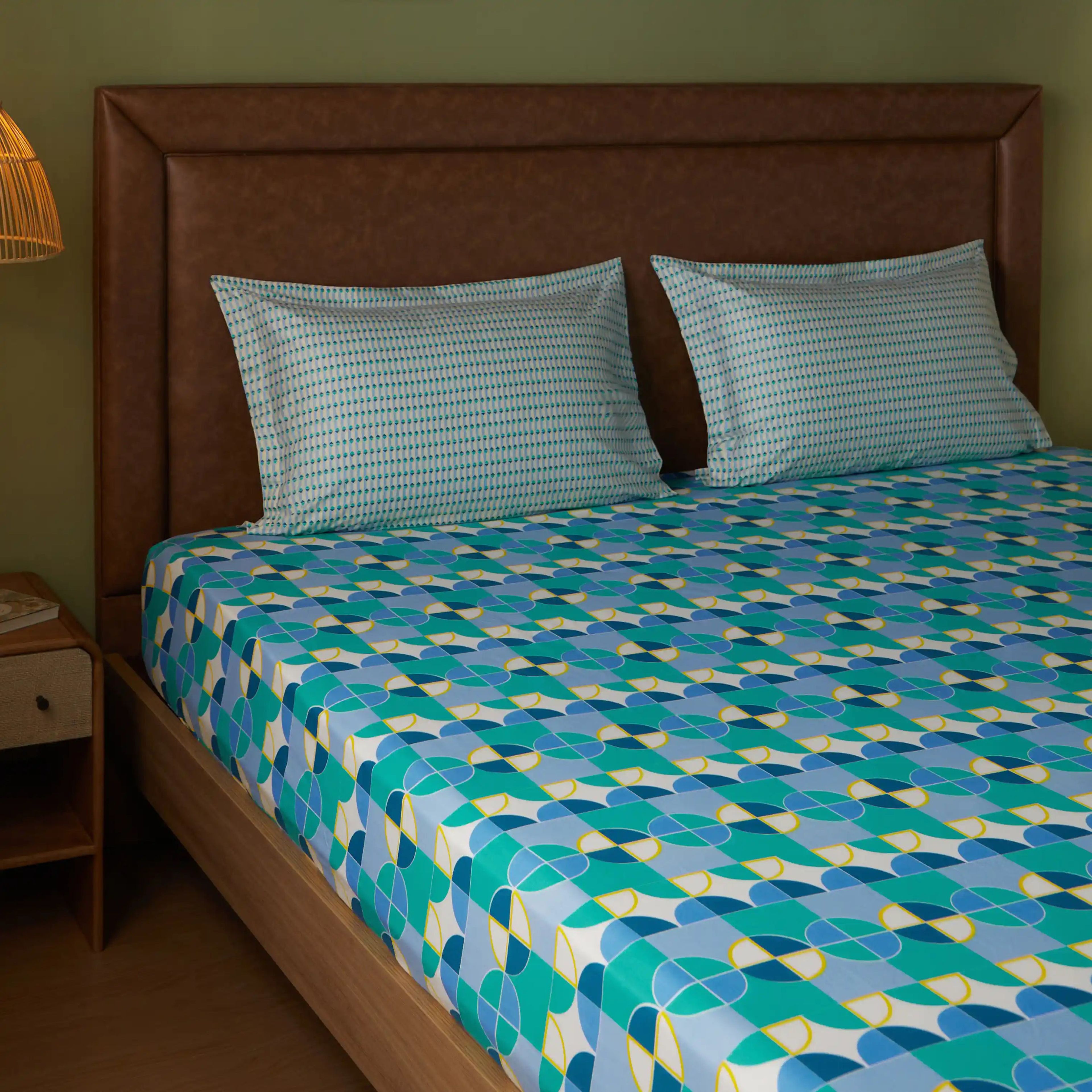 Mishella | Mix & Match Printed Cotton Bedsheet Set - Orbit Teal