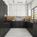 L-Shaped Modular Kitchen Design With Purple Lilla Fiore Cabinets And ...