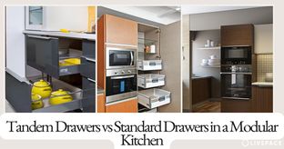 Tandem drawer pulled out in a modular kitchen showing loaded utensils and cookware
