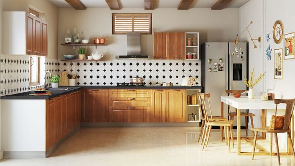 Modern kitchen interior with wooden cabinets
