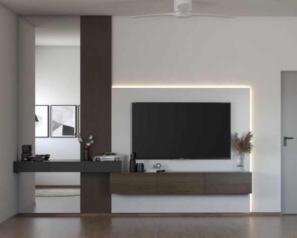 Brown Tv Unit Design With White Back Wall | Livspace