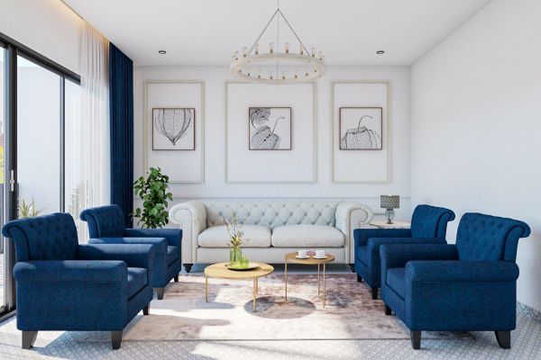 Spacious Living Room Design With White Trims And Blue Accent Sofas |  Livspace