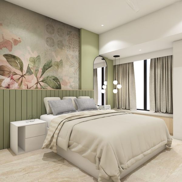 Modern Bedroom Design with Pastel Green Headboard and Floral ...
