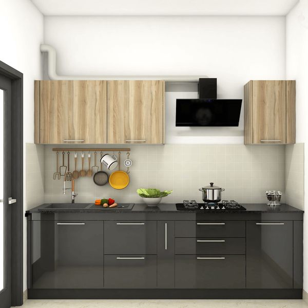 Black And Wood Compact Modular Kitchen Design | Livspace