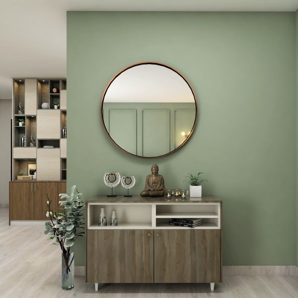 Compact Foyer space with Circular Mirror and Pastel Shades Livspace