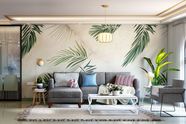 Colourful Spacious Living Room Design With Tropical Wallpaper And