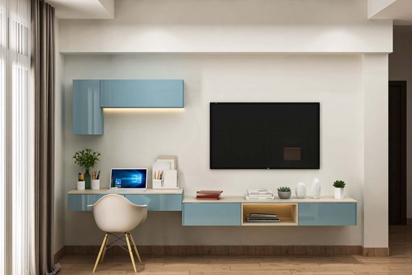 Compact Home Office Design With Blue Study Table And Storage