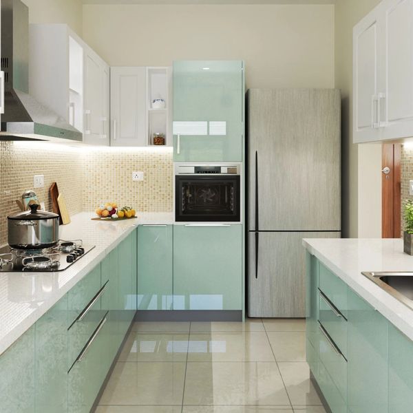 Glossy Pastel Green L-Shaped Spacious India Kitchen Design | Livspace